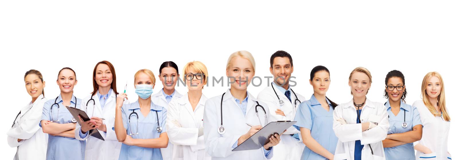 smiling female doctors and nurses with stethoscope by dolgachov