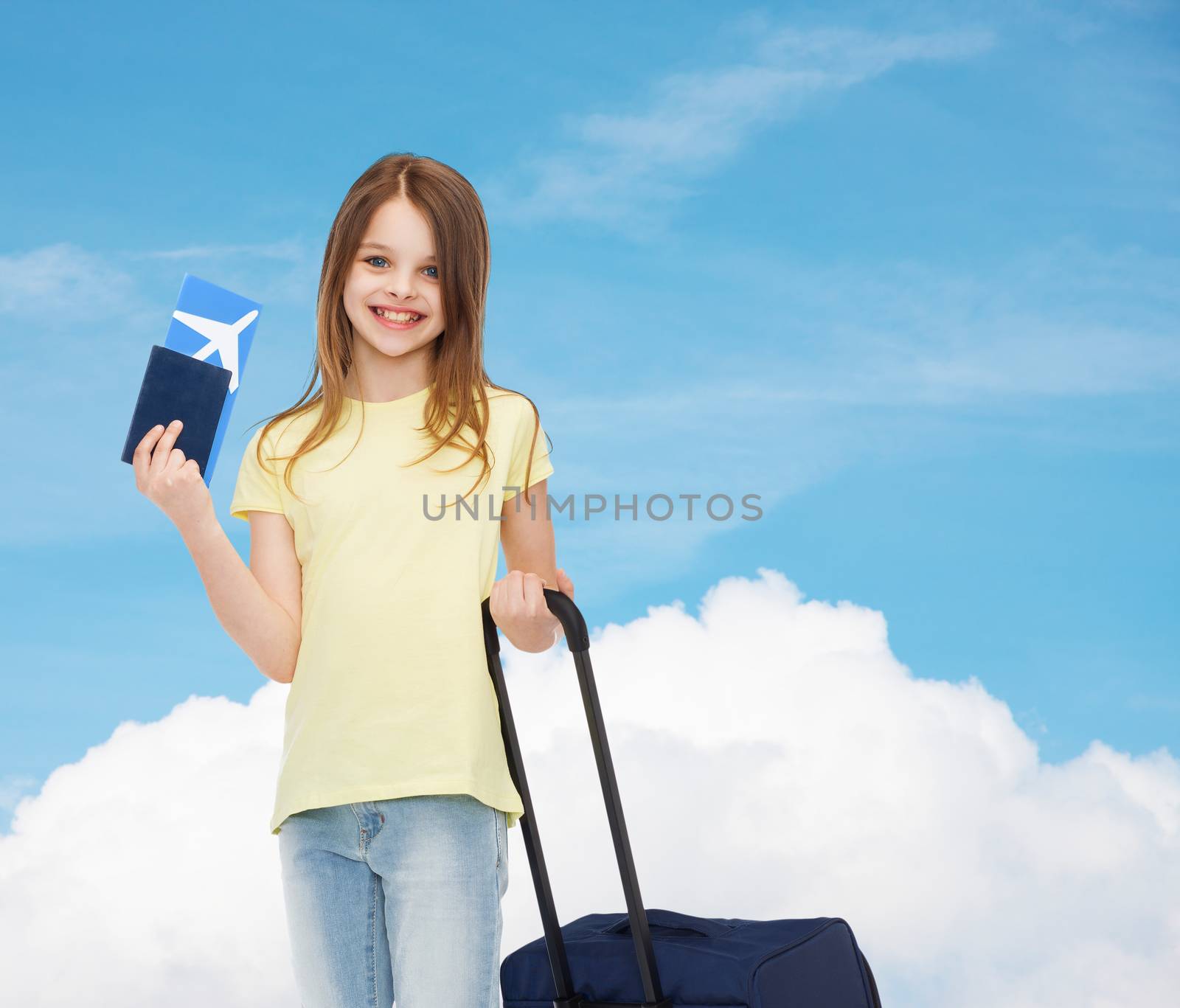 smiling girl with suitcase, ticket and passport by dolgachov