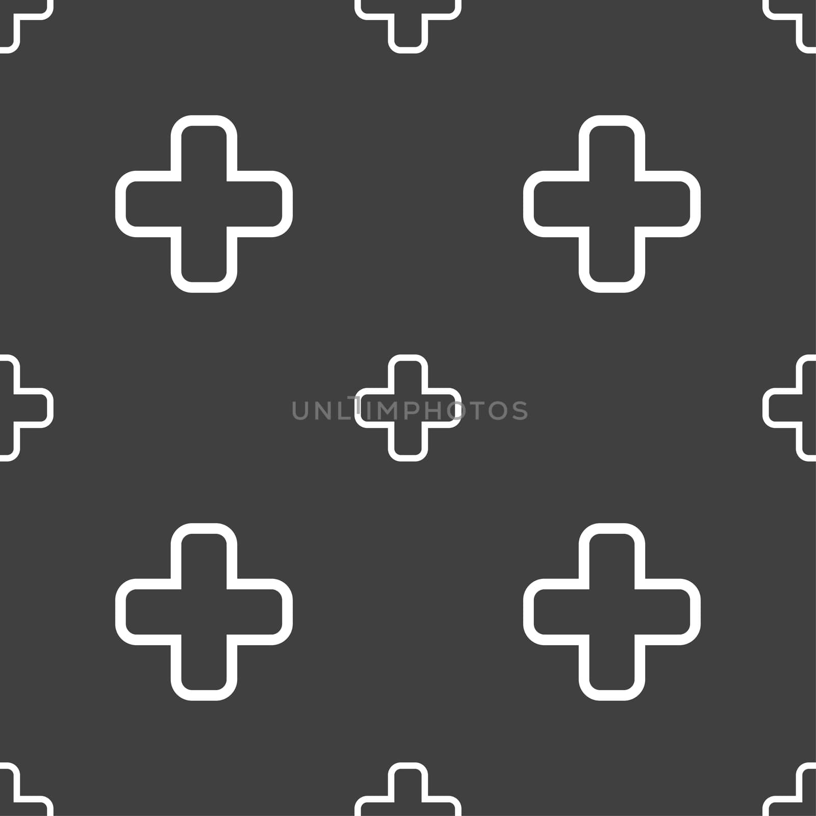 Plus icon sign. Seamless pattern on a gray background. illustration