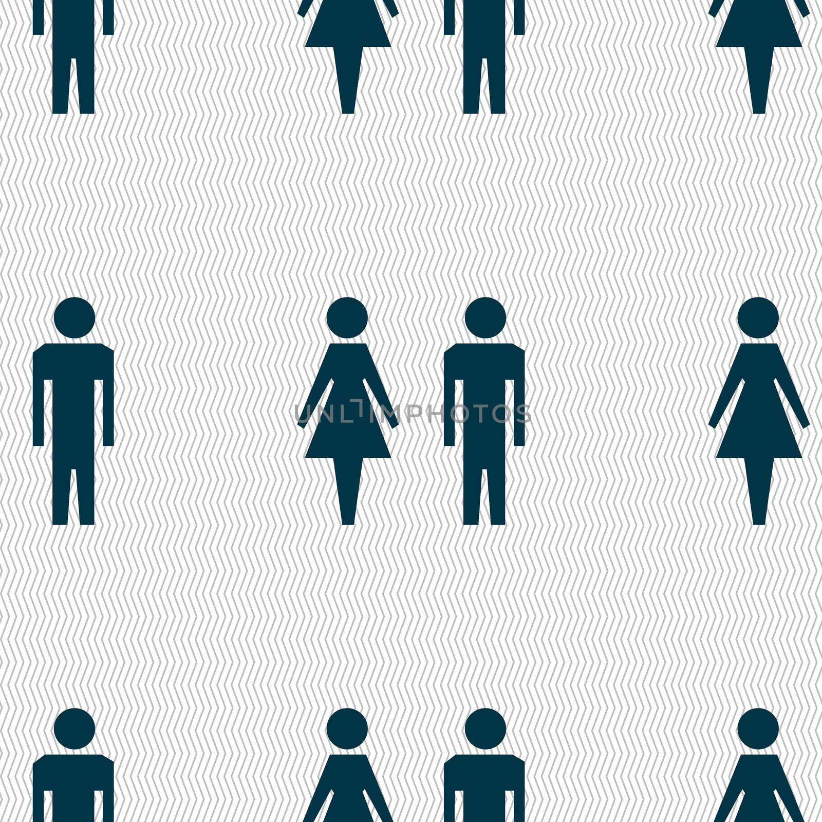 WC sign icon. Toilet symbol. Male and Female toilet. Seamless abstract background with geometric shapes.  by serhii_lohvyniuk
