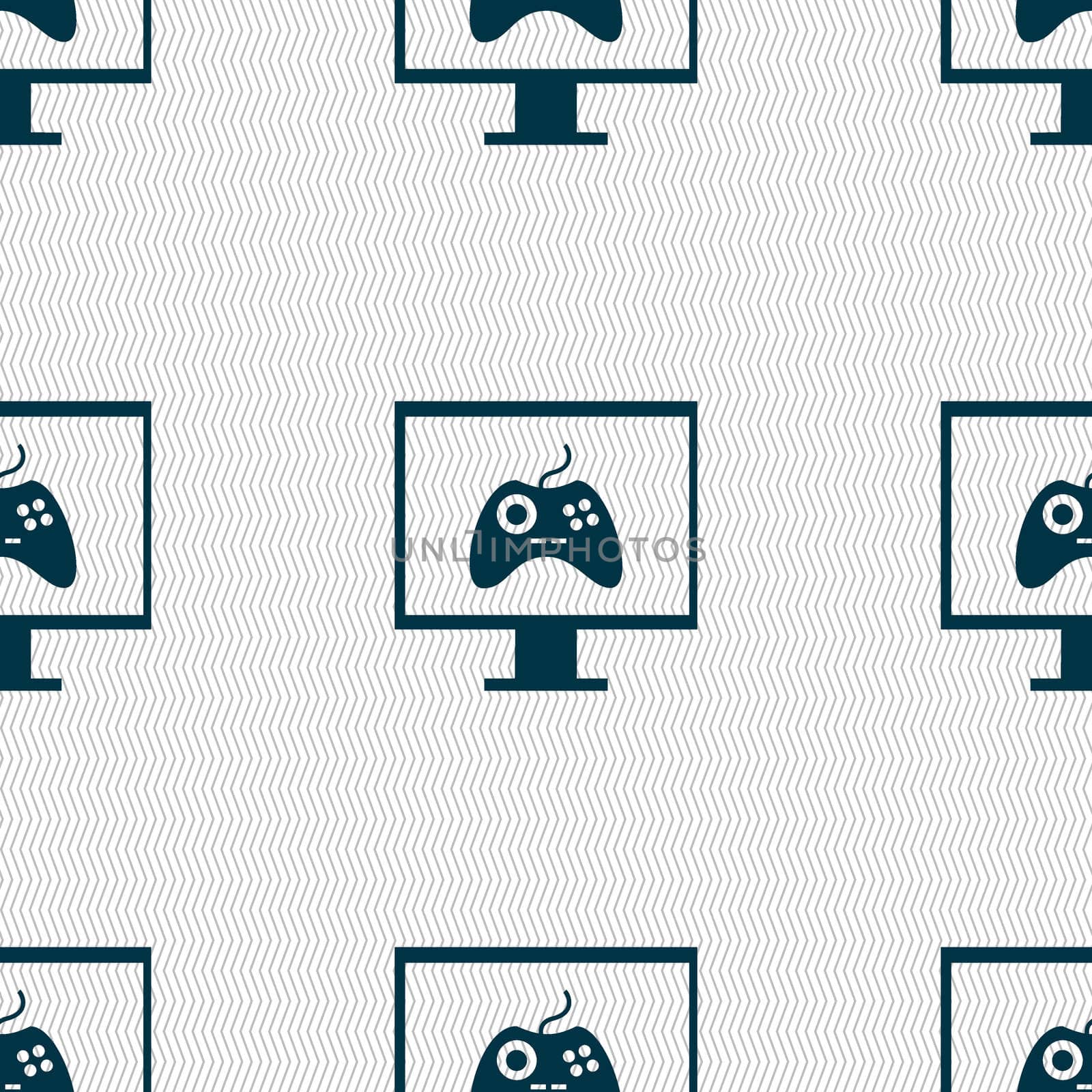 Joystick and monitor sign icon. Video game symbol. Seamless abstract background with geometric shapes. illustration