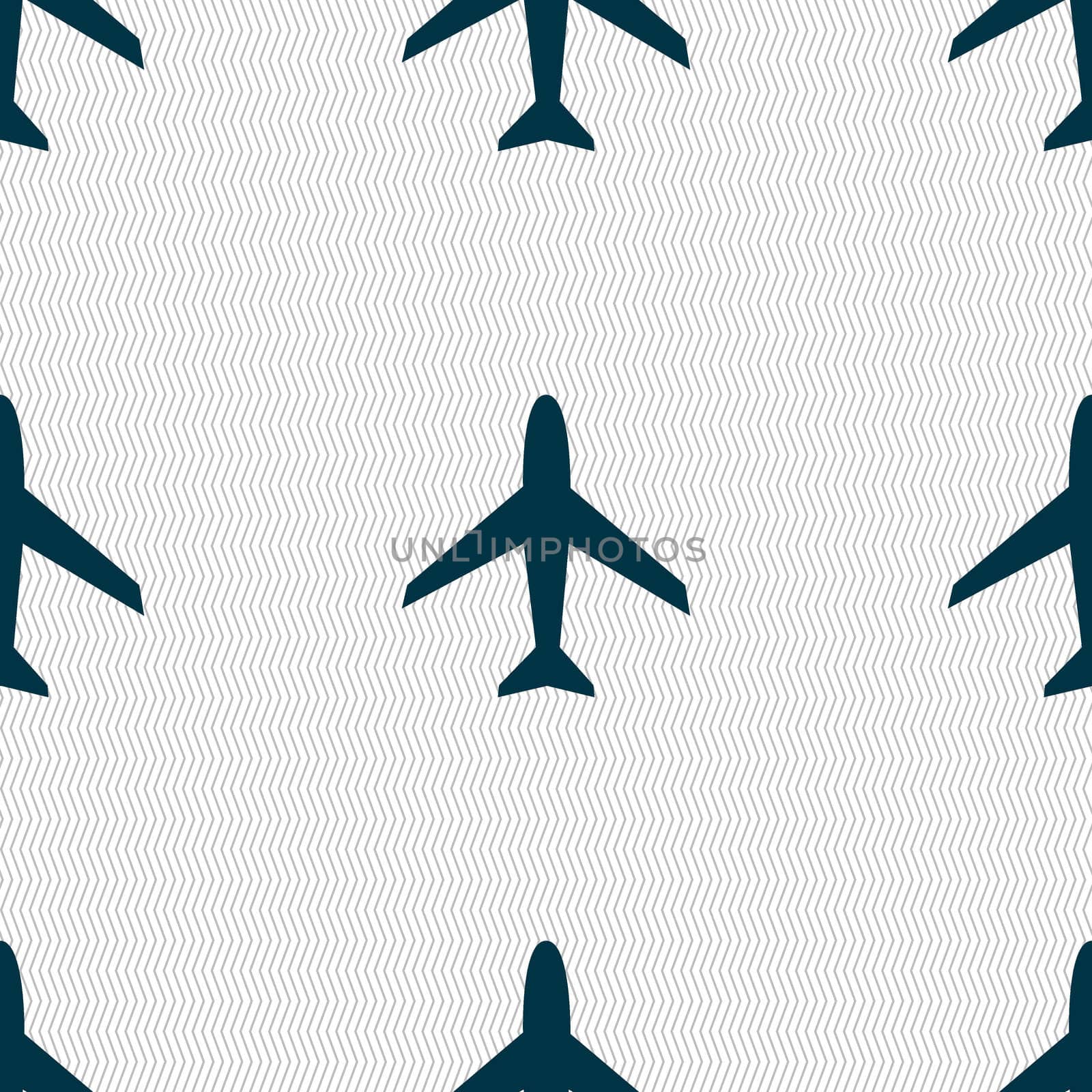 Airplane sign. Plane symbol. Travel icon. Flight flat label. Seamless abstract background with geometric shapes. illustration