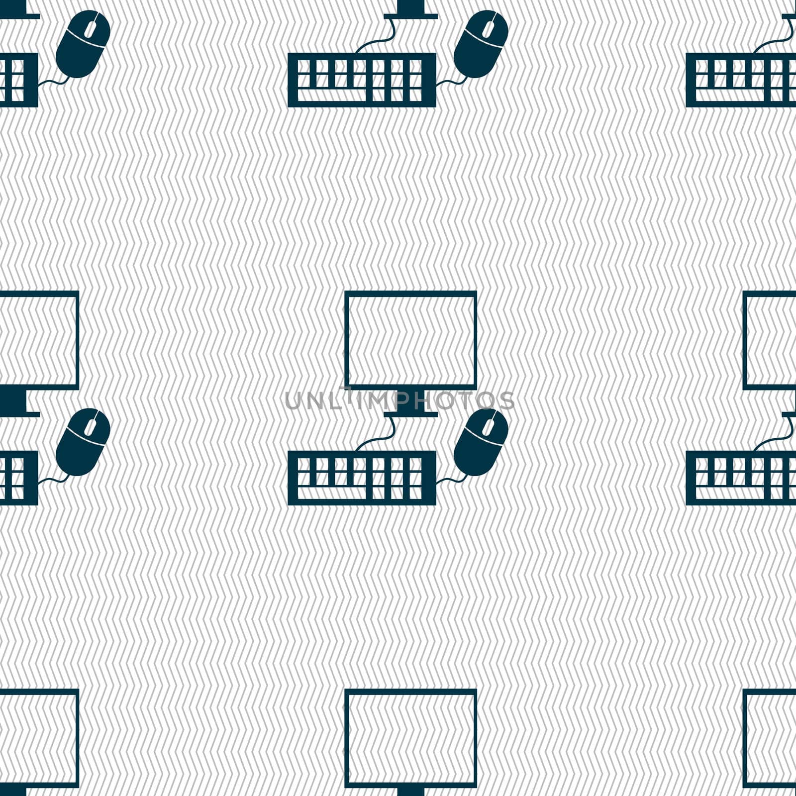 Computer widescreen monitor, keyboard, mouse sign icon. Seamless abstract background with geometric shapes. illustration