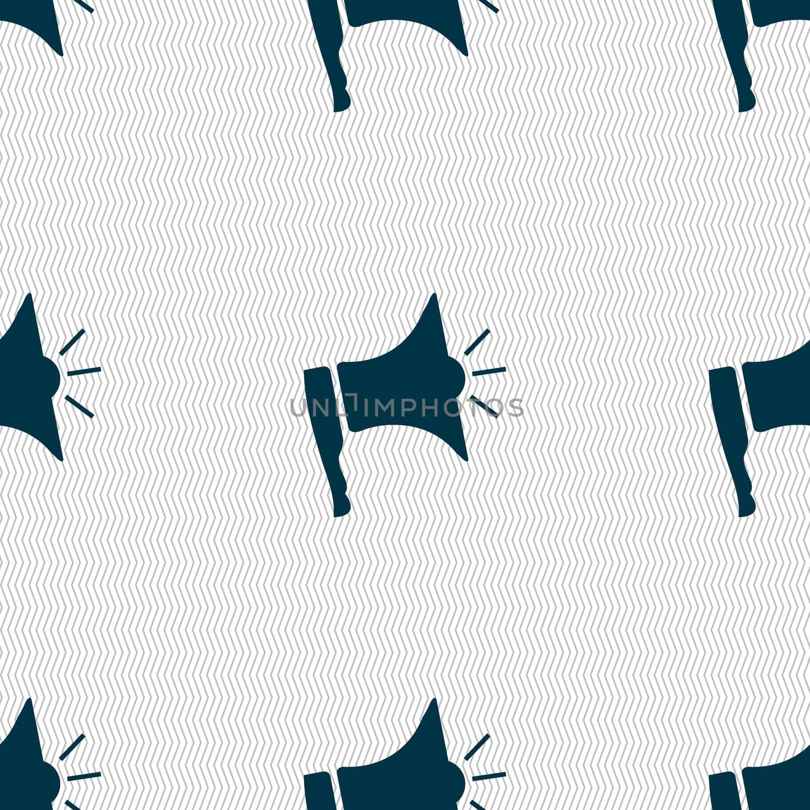 Megaphone soon icon. Loudspeaker symbol. Seamless abstract background with geometric shapes. illustration