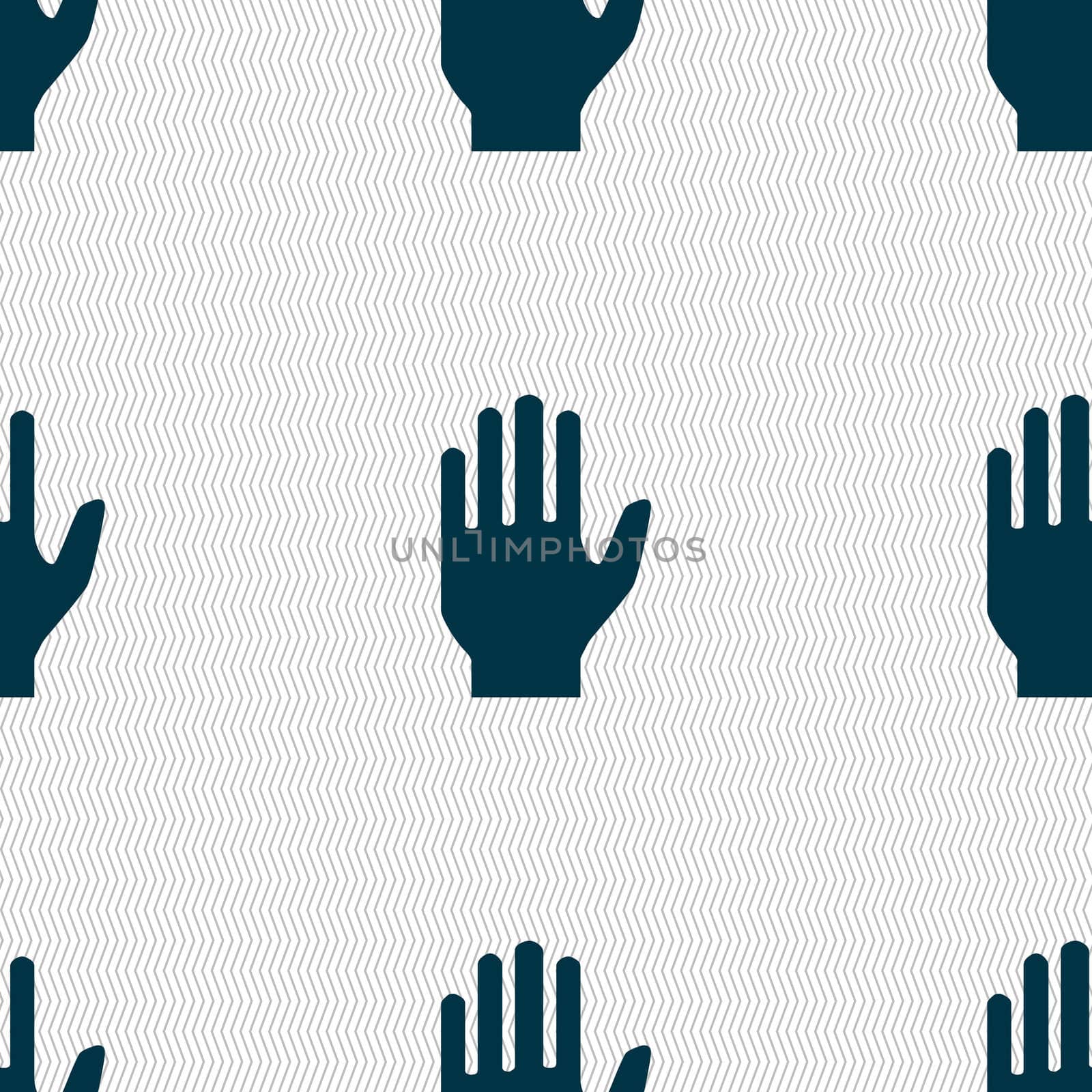 Hand print sign icon. Stop symbol. Seamless abstract background with geometric shapes. illustration