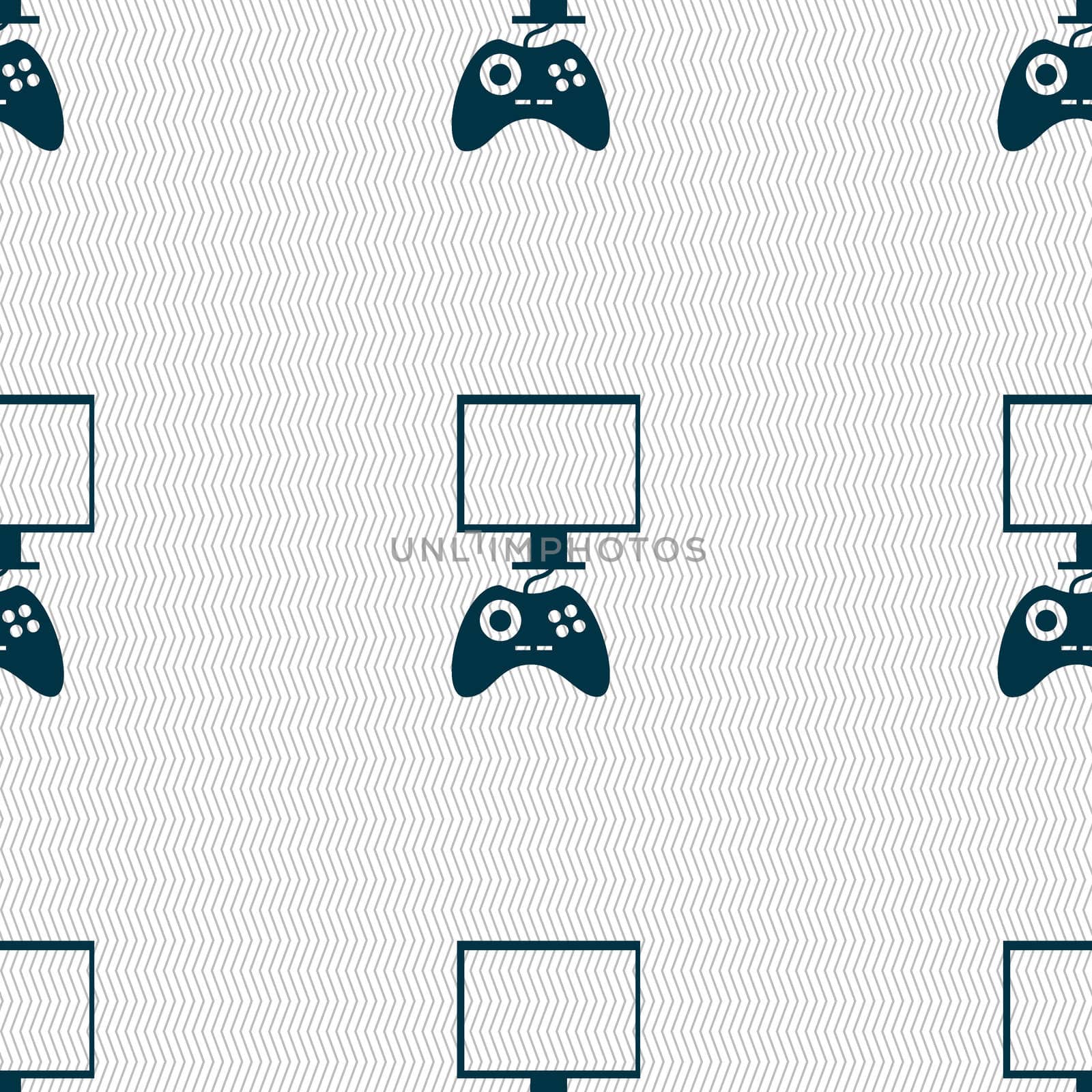 Joystick and monitor sign icon. Video game symbol. Seamless abstract background with geometric shapes. illustration