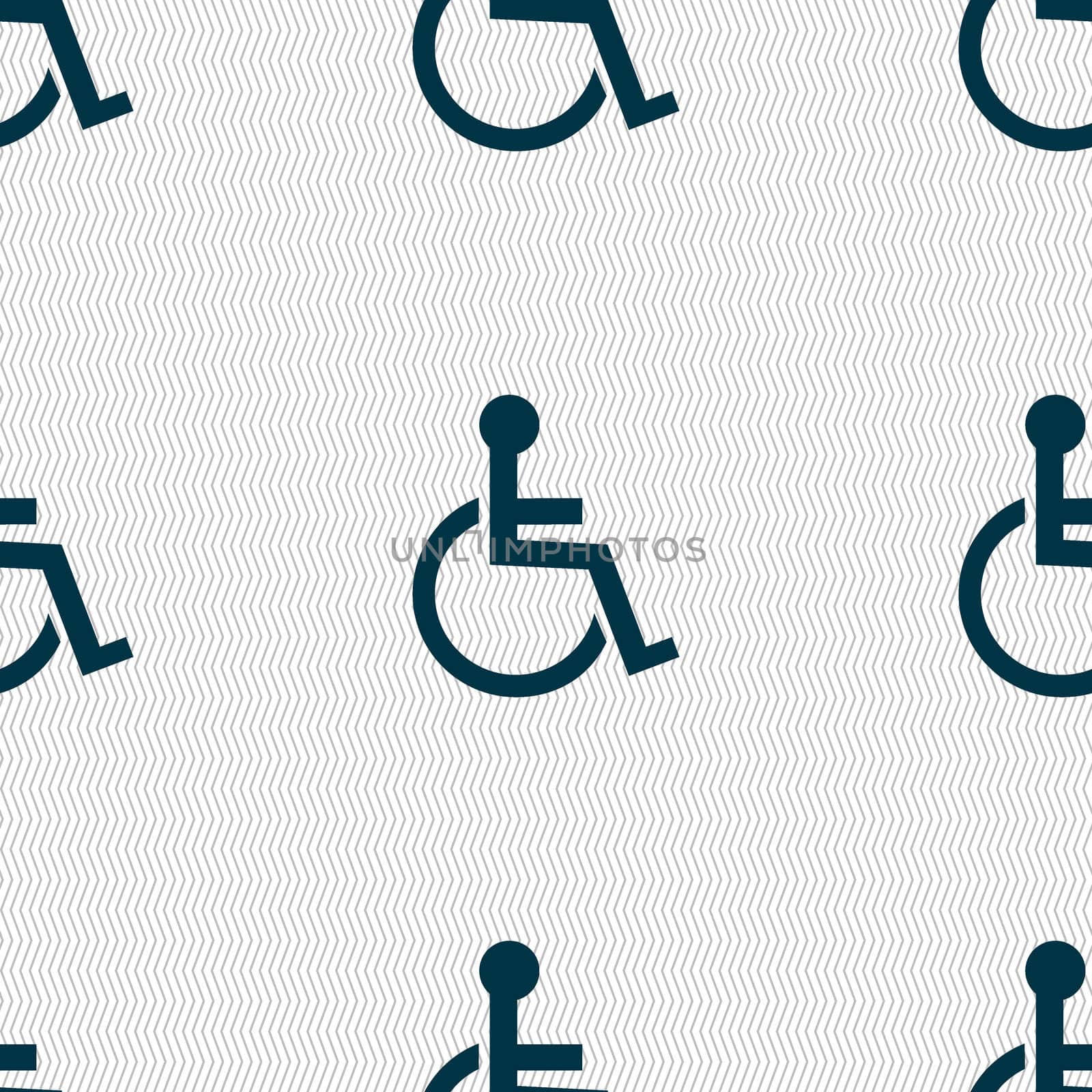 Disabled sign icon. Human on wheelchair symbol. Handicapped invalid sign. Seamless abstract background with geometric shapes. illustration