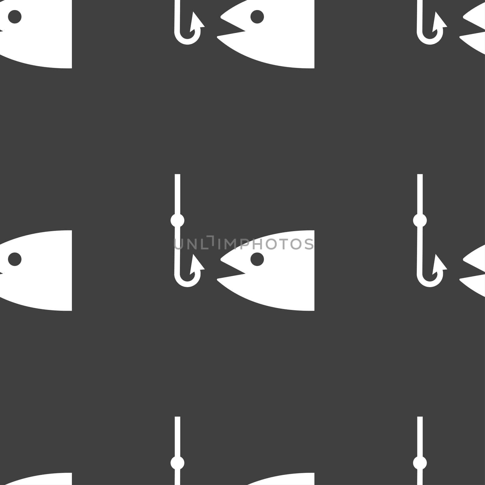 Fishing icon sign. Seamless pattern on a gray background.  by serhii_lohvyniuk