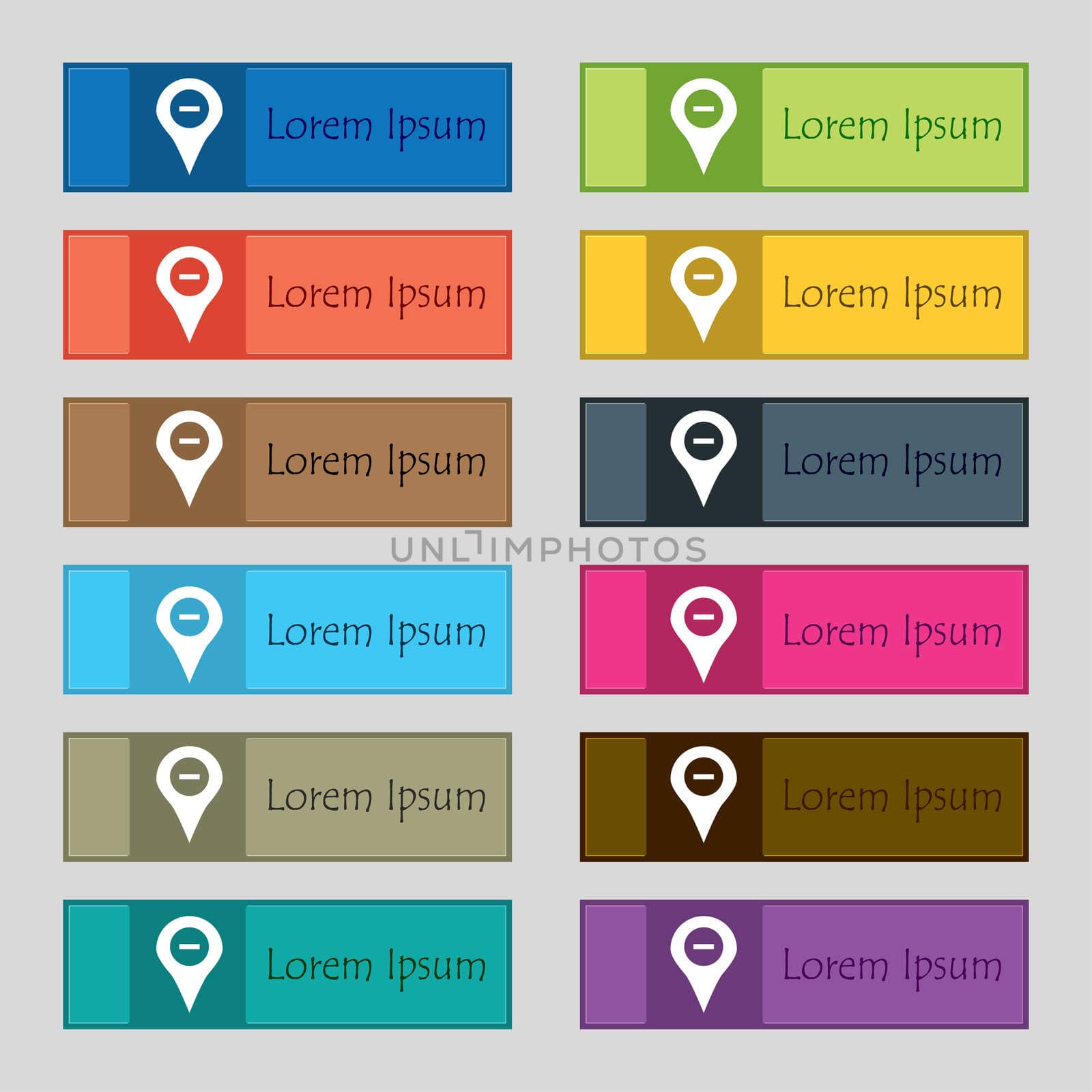 Minus Map pointer, GPS location icon sign. Set of twelve rectangular, colorful, beautiful, high-quality buttons for the site. illustration