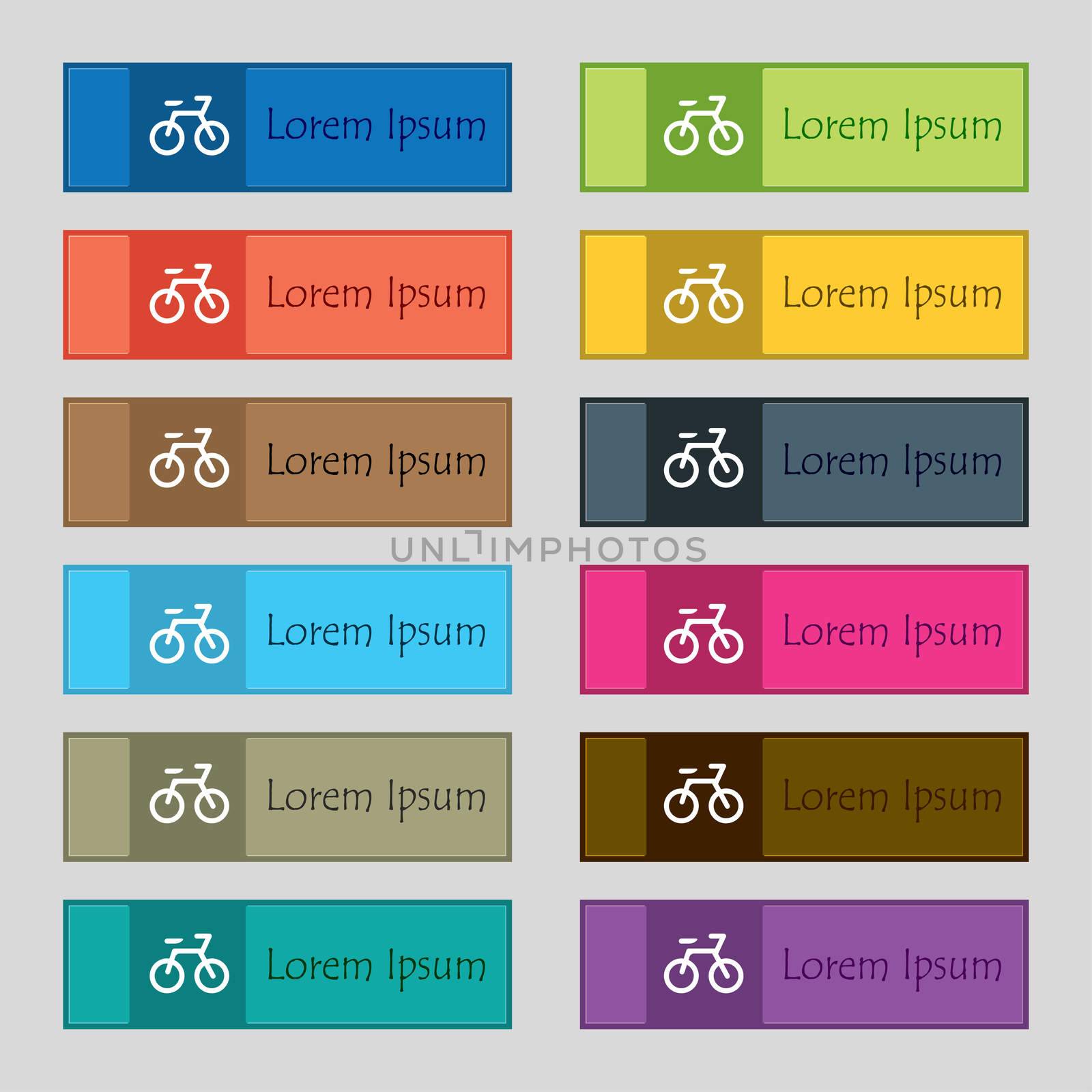 Bicycle icon sign. Set of twelve rectangular, colorful, beautiful, high-quality buttons for the site.  by serhii_lohvyniuk