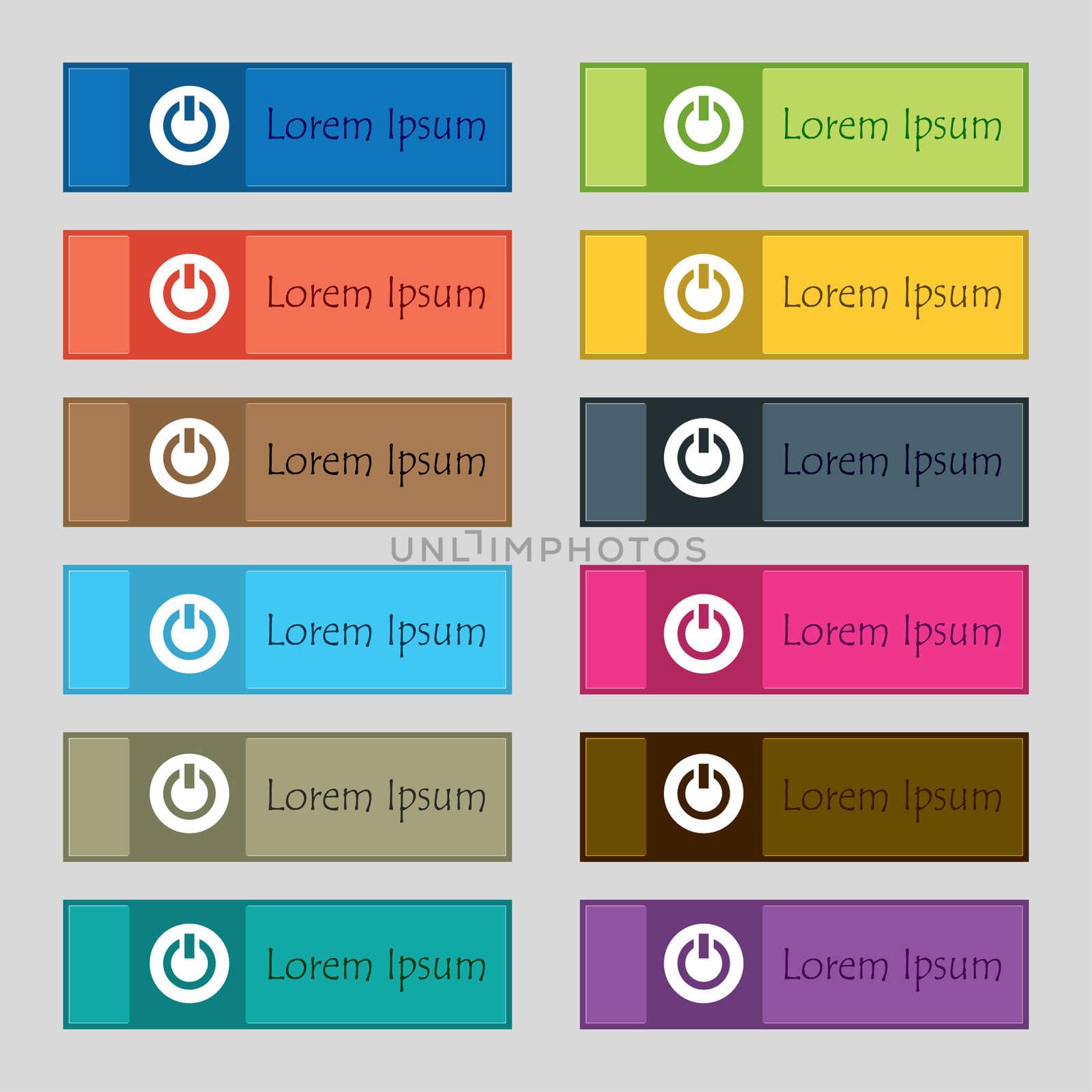 Power, Switch on, Turn on  icon sign. Set of twelve rectangular, colorful, beautiful, high-quality buttons for the site. illustration