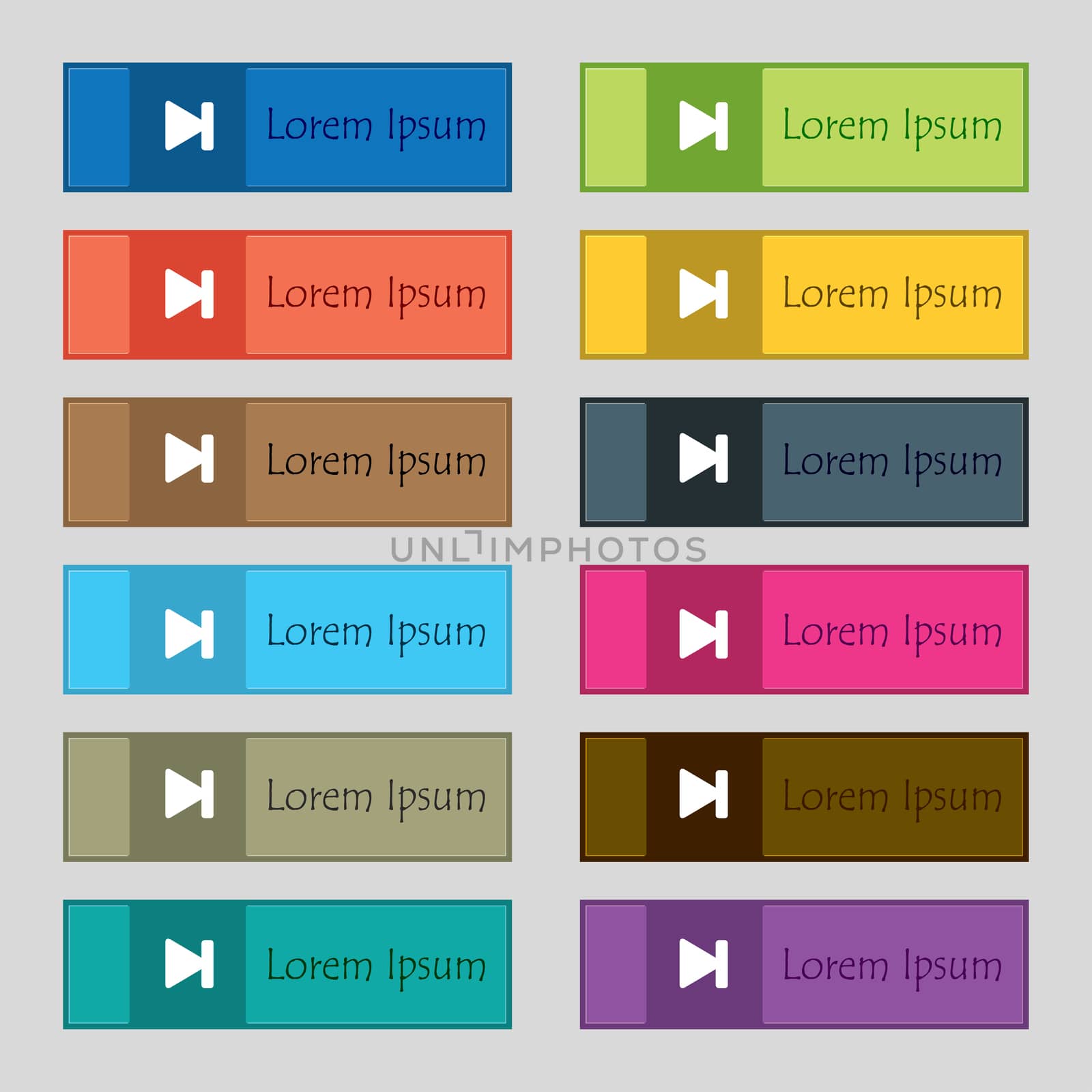 next track icon sign. Set of twelve rectangular, colorful, beautiful, high-quality buttons for the site. illustration