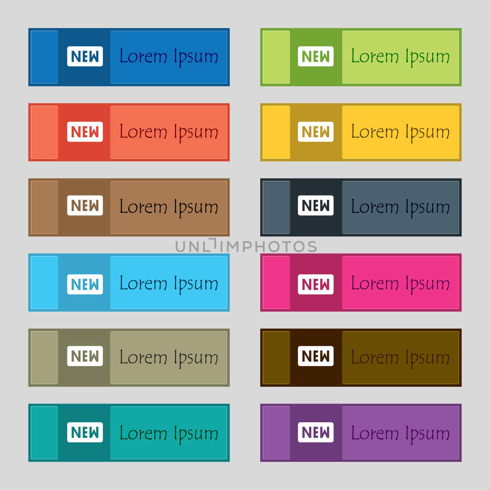 New icon sign. Set of twelve rectangular, colorful, beautiful, high-quality buttons for the site. illustration