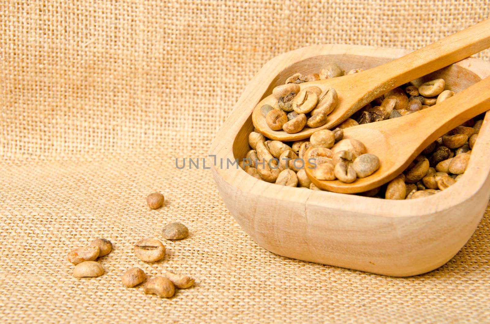 Coffee beans on wooden spoons and cup , on sack