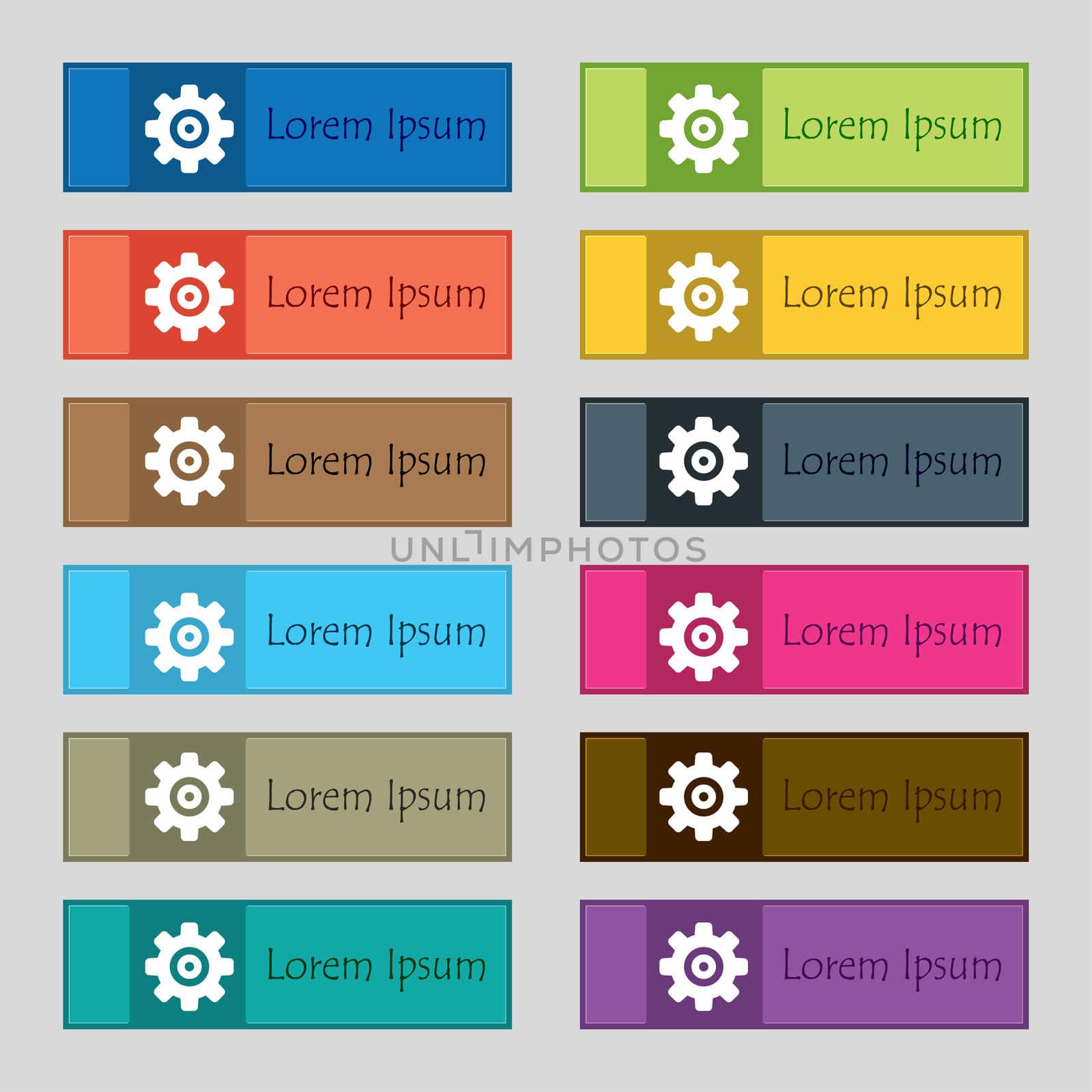 Cog settings, Cogwheel gear mechanism icon sign. Set of twelve rectangular, colorful, beautiful, high-quality buttons for the site. illustration