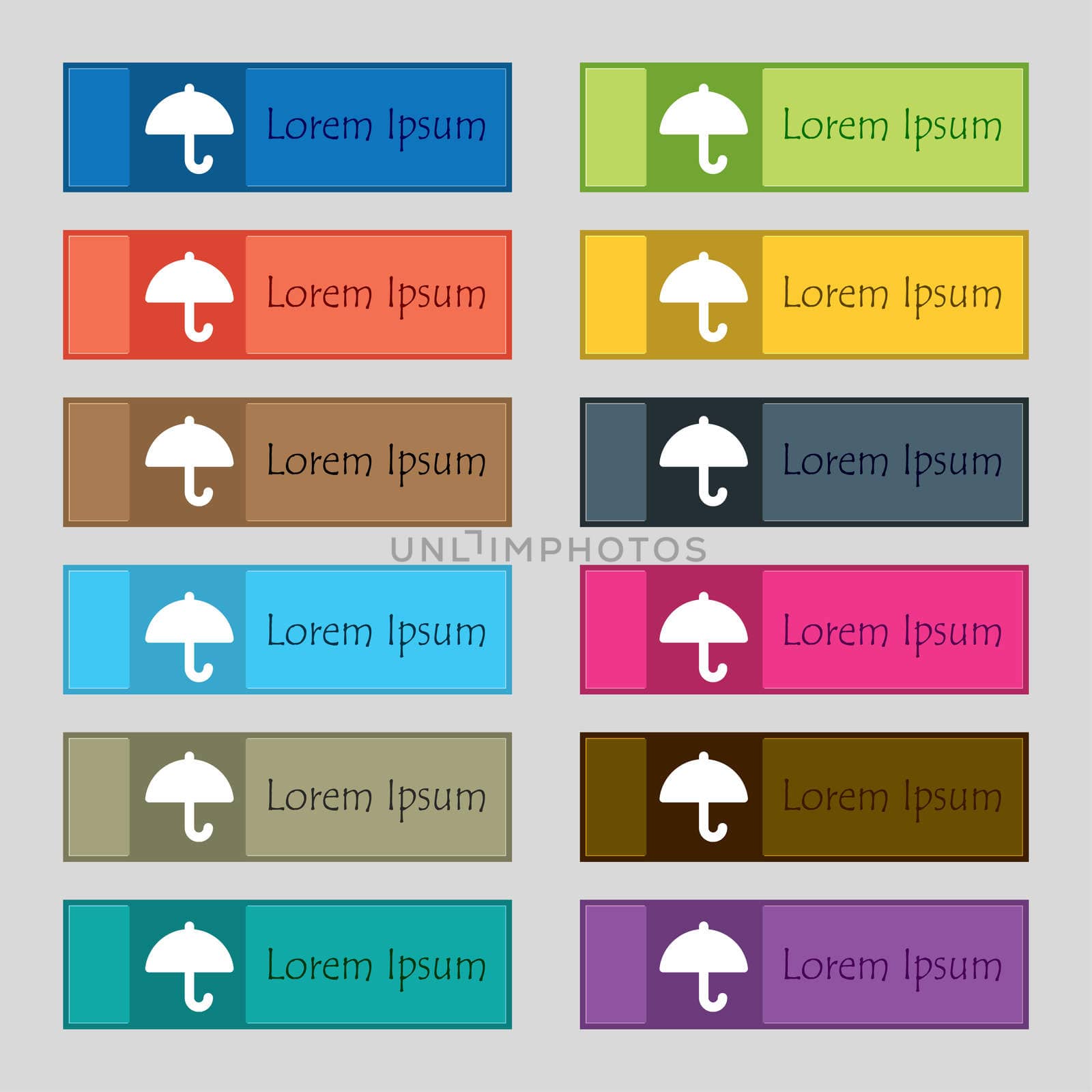 Umbrella icon sign. Set of twelve rectangular, colorful, beautiful, high-quality buttons for the site. illustration