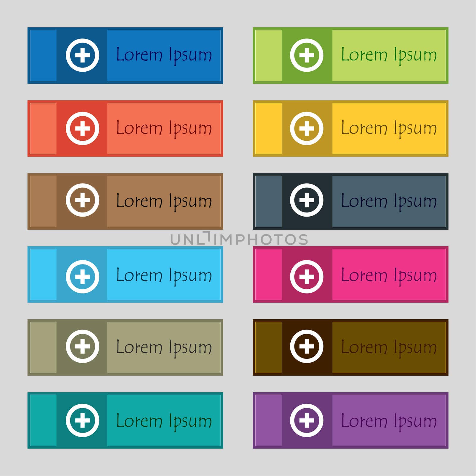 Plus, Positive icon sign. Set of twelve rectangular, colorful, beautiful, high-quality buttons for the site. illustration