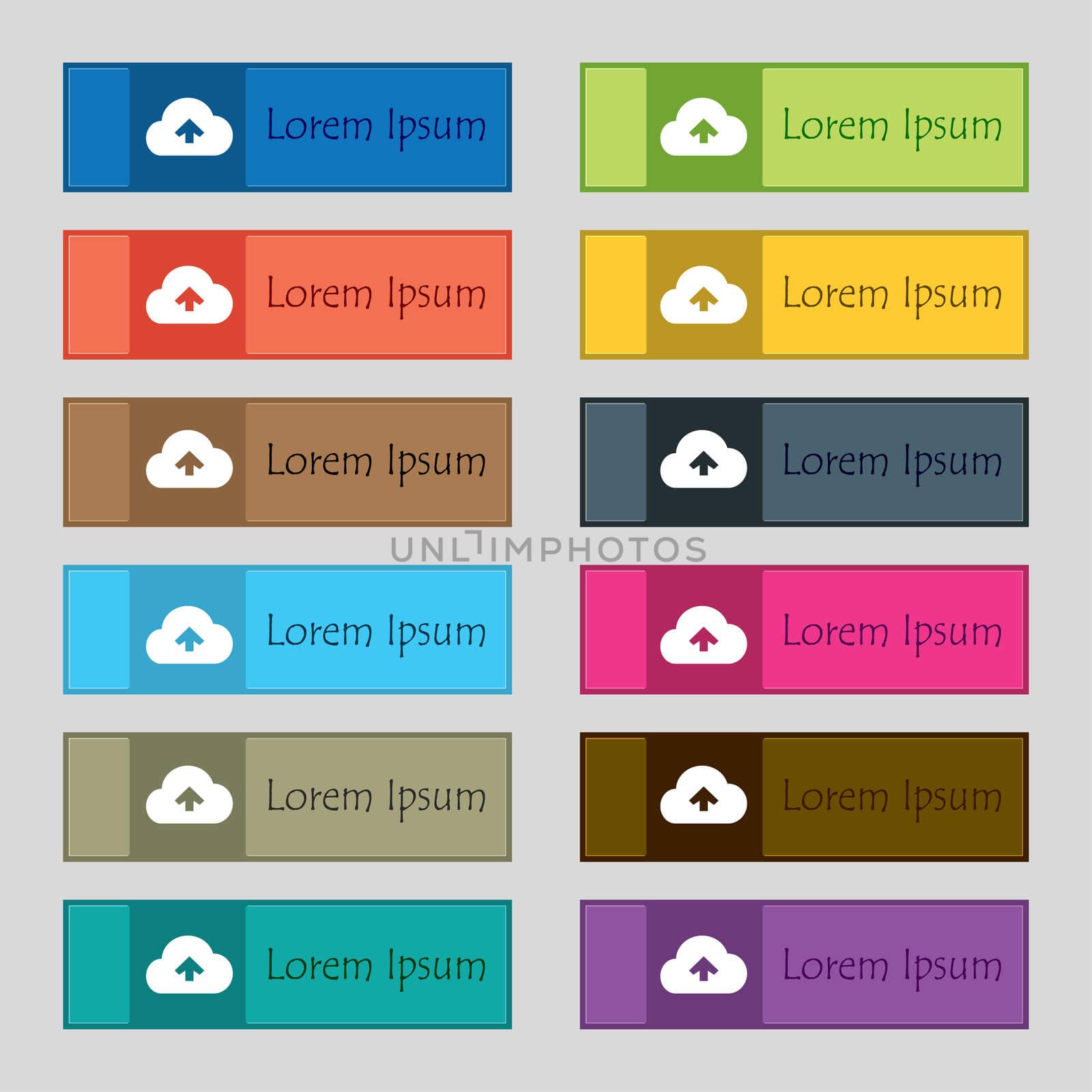 Upload from cloud icon sign. Set of twelve rectangular, colorful, beautiful, high-quality buttons for the site. illustration