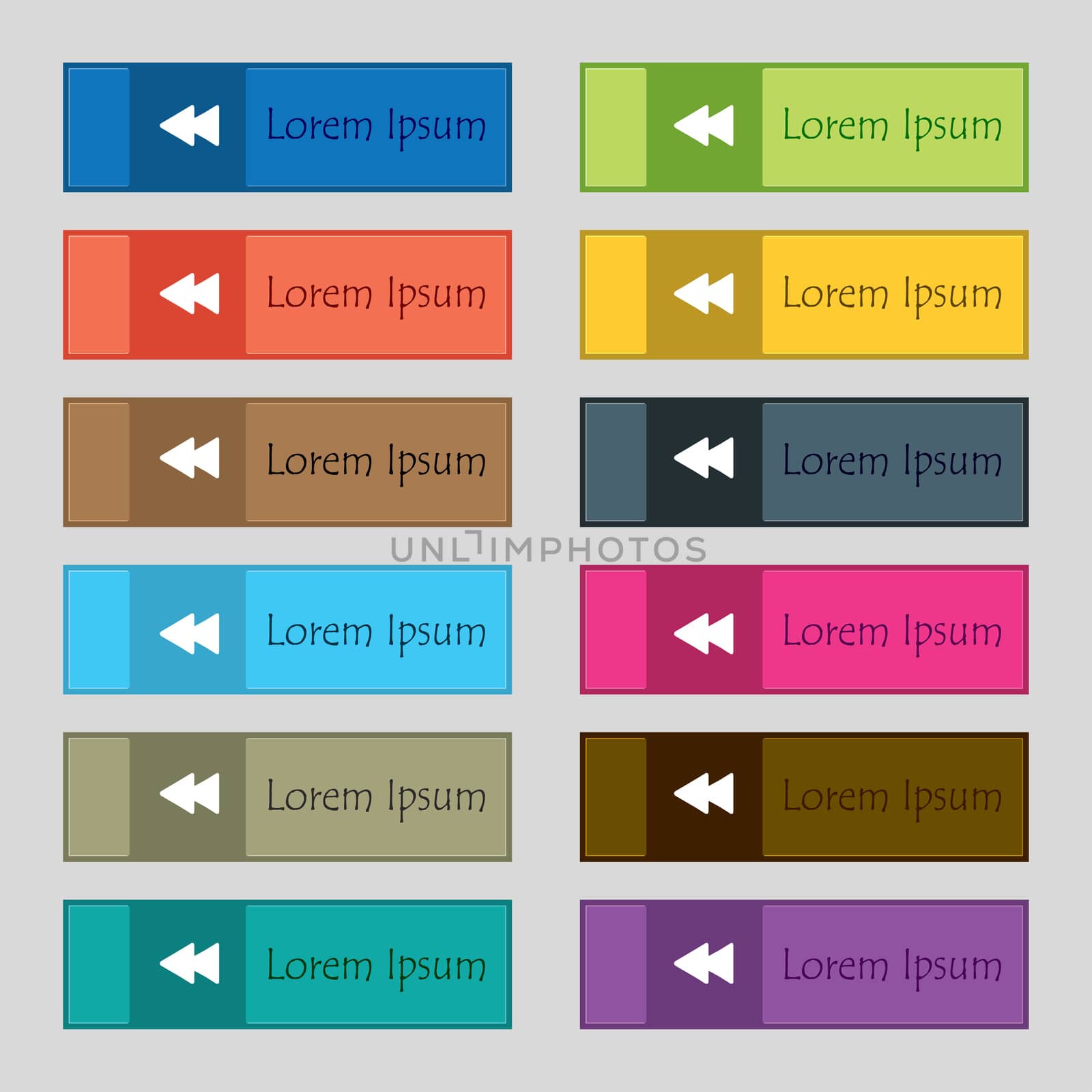 rewind icon sign. Set of twelve rectangular, colorful, beautiful, high-quality buttons for the site. illustration