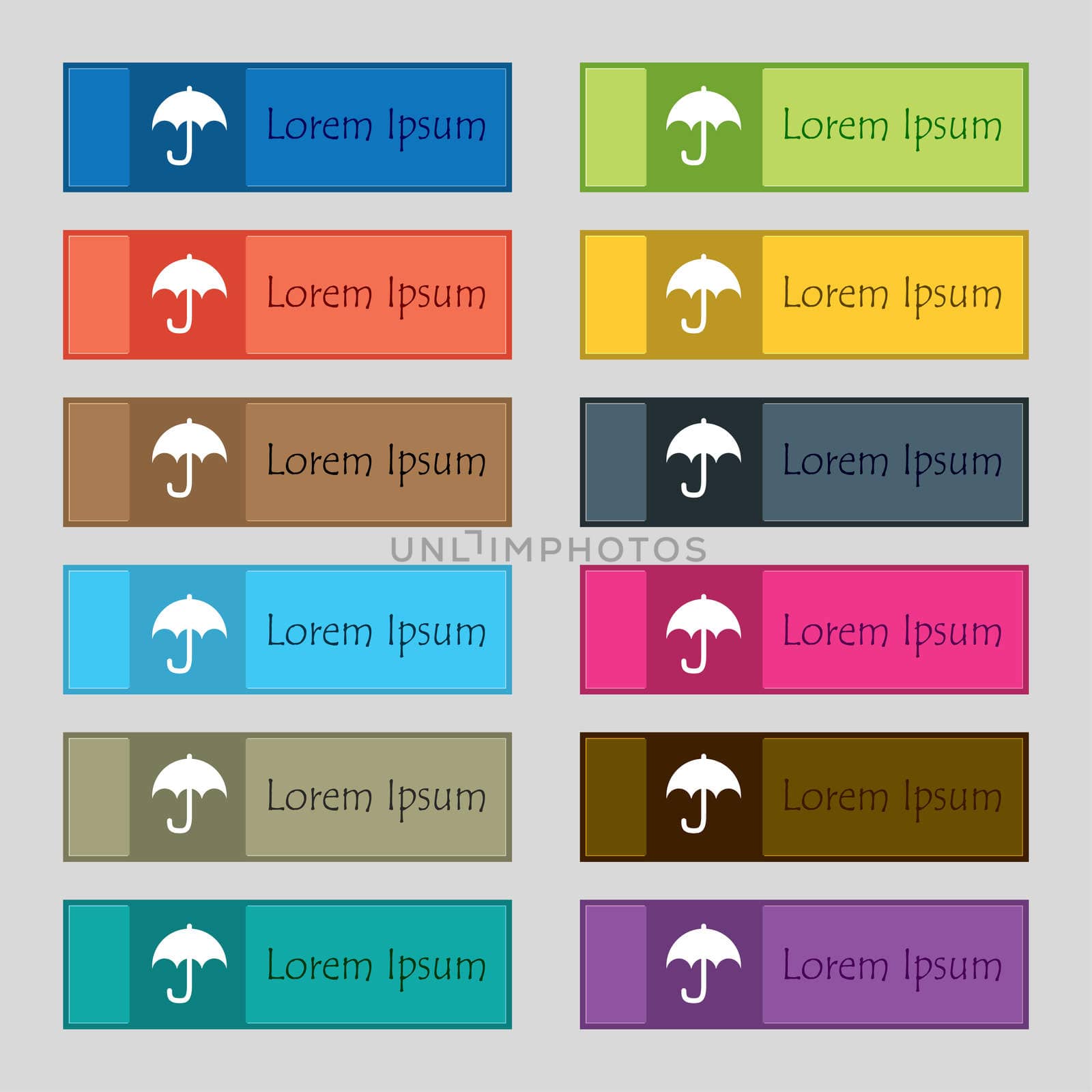 Umbrella icon sign. Set of twelve rectangular, colorful, beautiful, high-quality buttons for the site. illustration