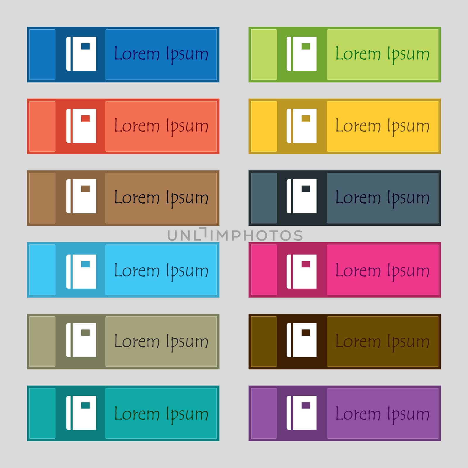 Book icon sign. Set of twelve rectangular, colorful, beautiful, high-quality buttons for the site.  by serhii_lohvyniuk
