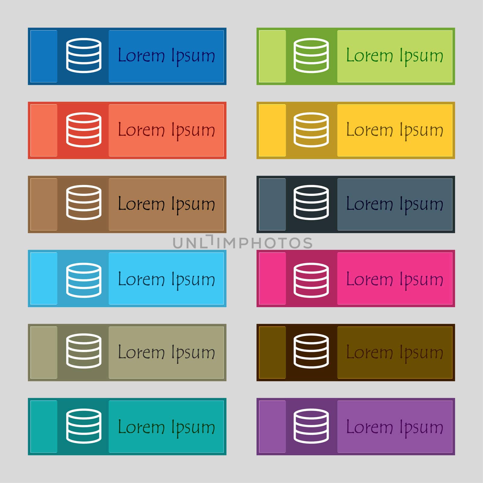 Hard disk and database icon sign. Set of twelve rectangular, colorful, beautiful, high-quality buttons for the site.  by serhii_lohvyniuk