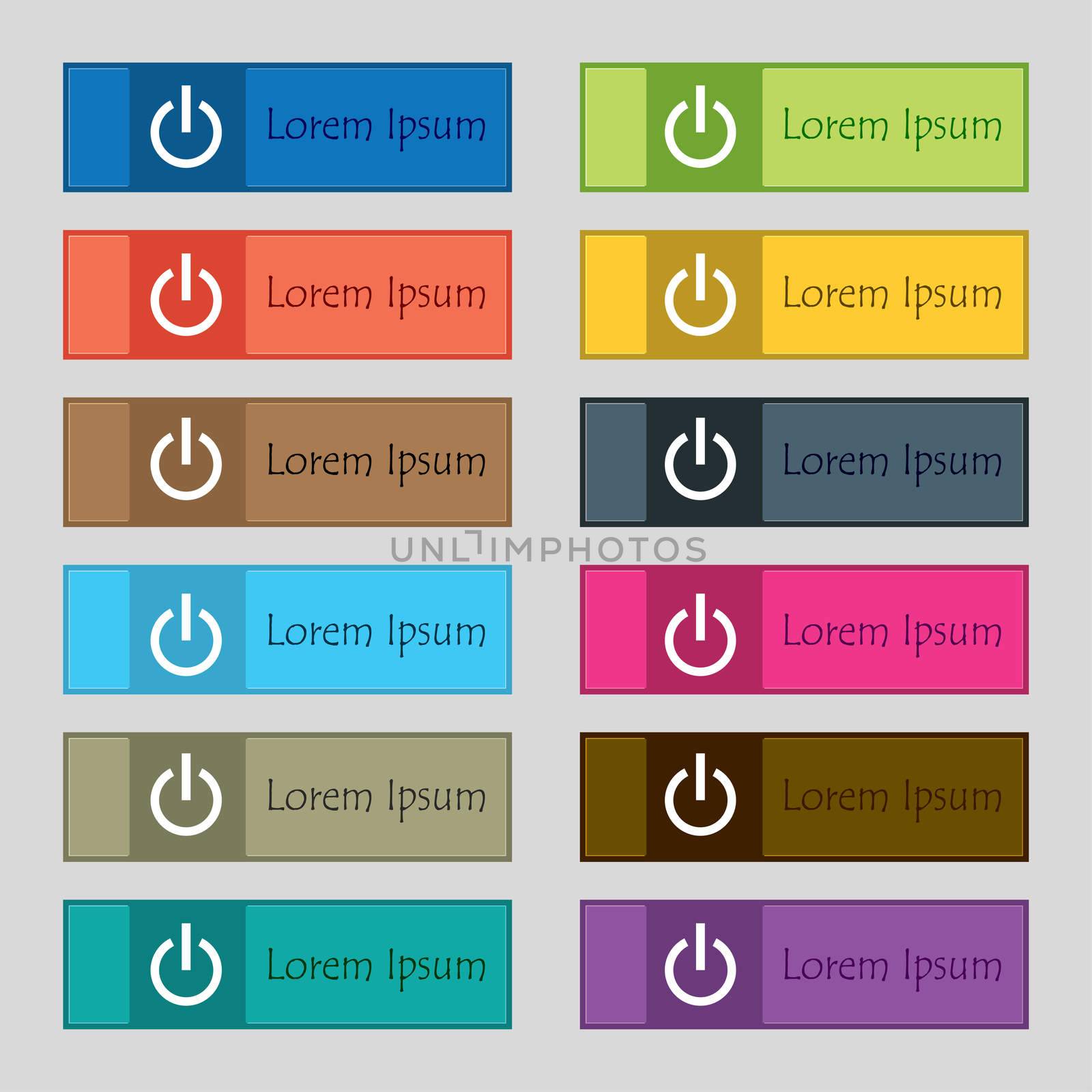 Power icon sign. Set of twelve rectangular, colorful, beautiful, high-quality buttons for the site. illustration