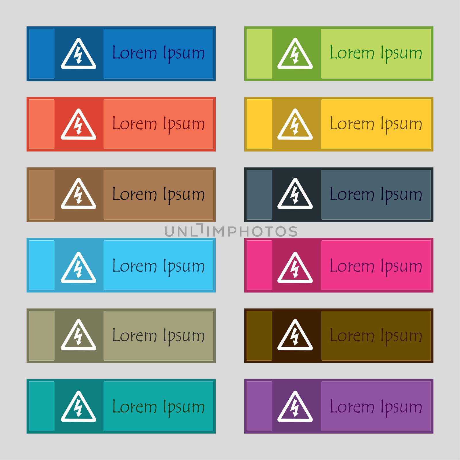 voltage icon sign. Set of twelve rectangular, colorful, beautiful, high-quality buttons for the site. illustration