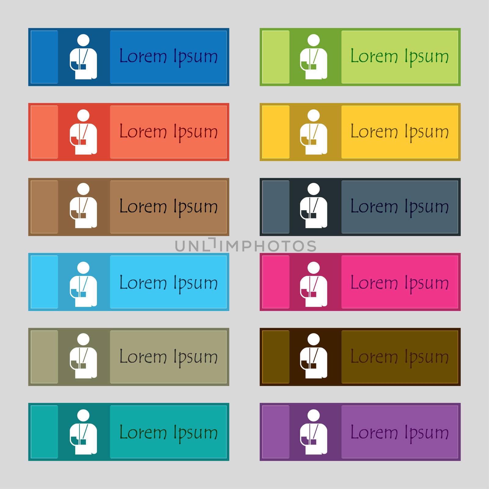 broken arm, disability icon sign. Set of twelve rectangular, colorful, beautiful, high-quality buttons for the site. illustration