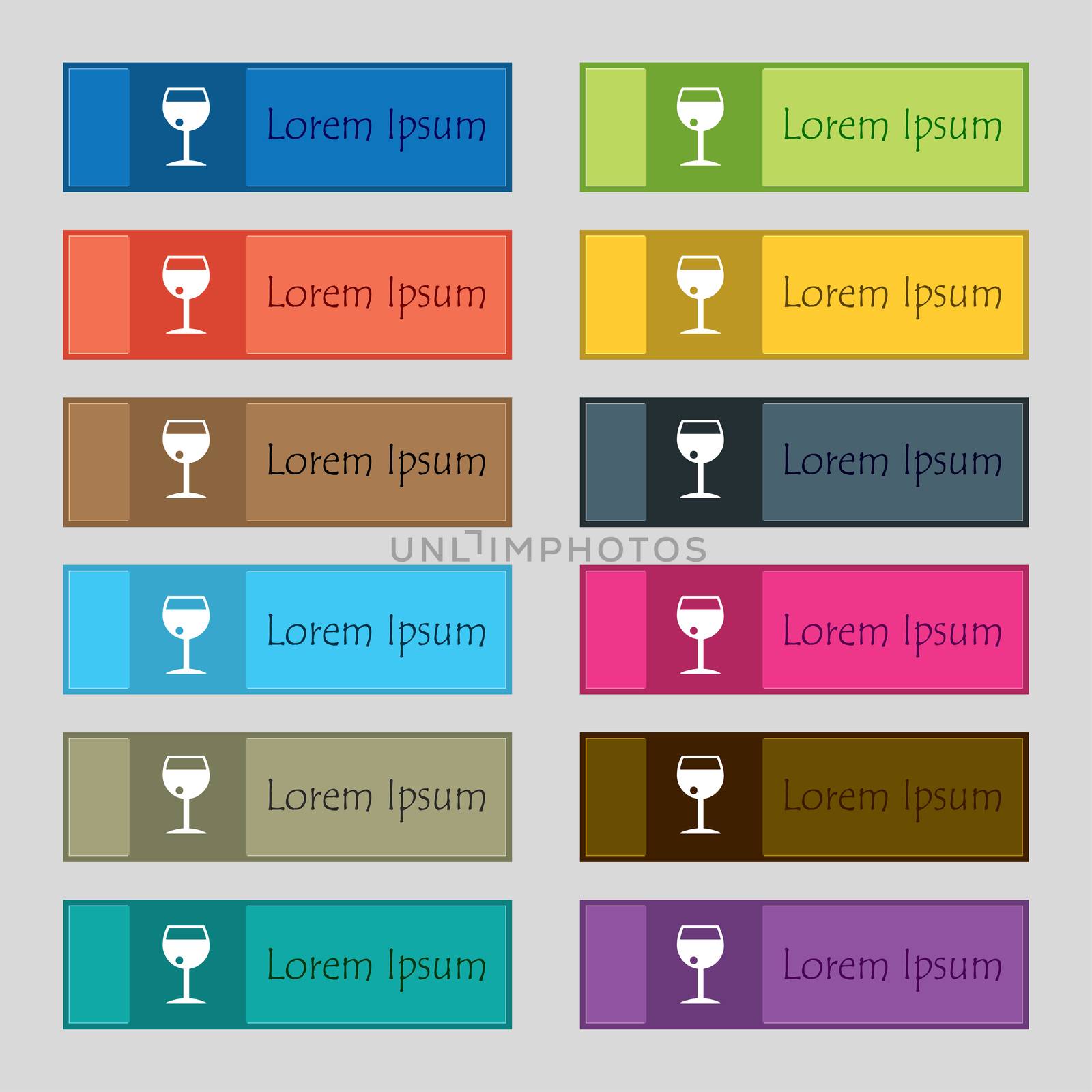 glass of wine icon sign. Set of twelve rectangular, colorful, beautiful, high-quality buttons for the site.  by serhii_lohvyniuk