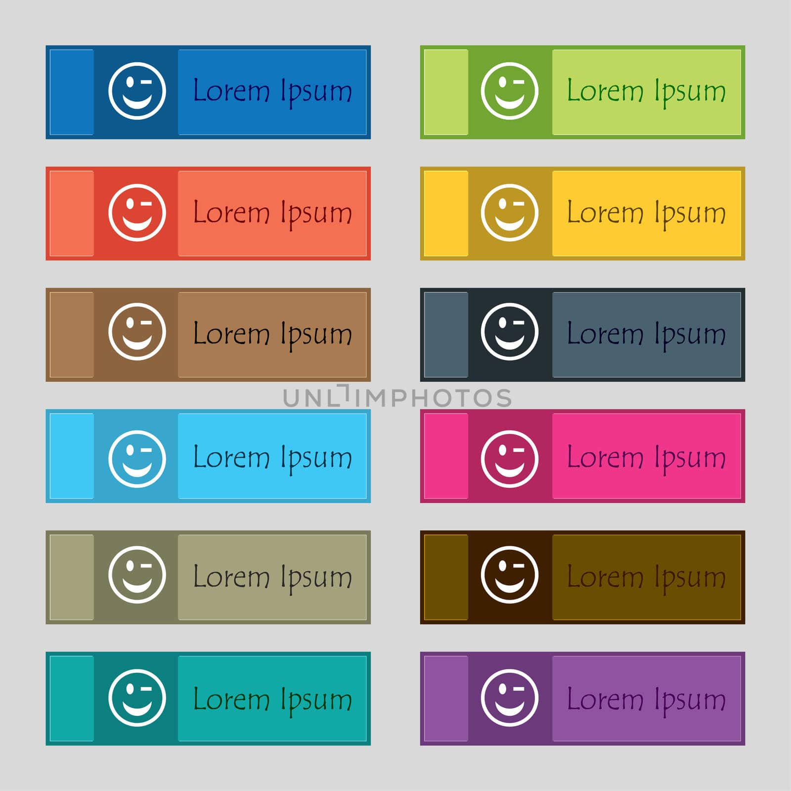 Winking Face icon sign. Set of twelve rectangular, colorful, beautiful, high-quality buttons for the site.  by serhii_lohvyniuk