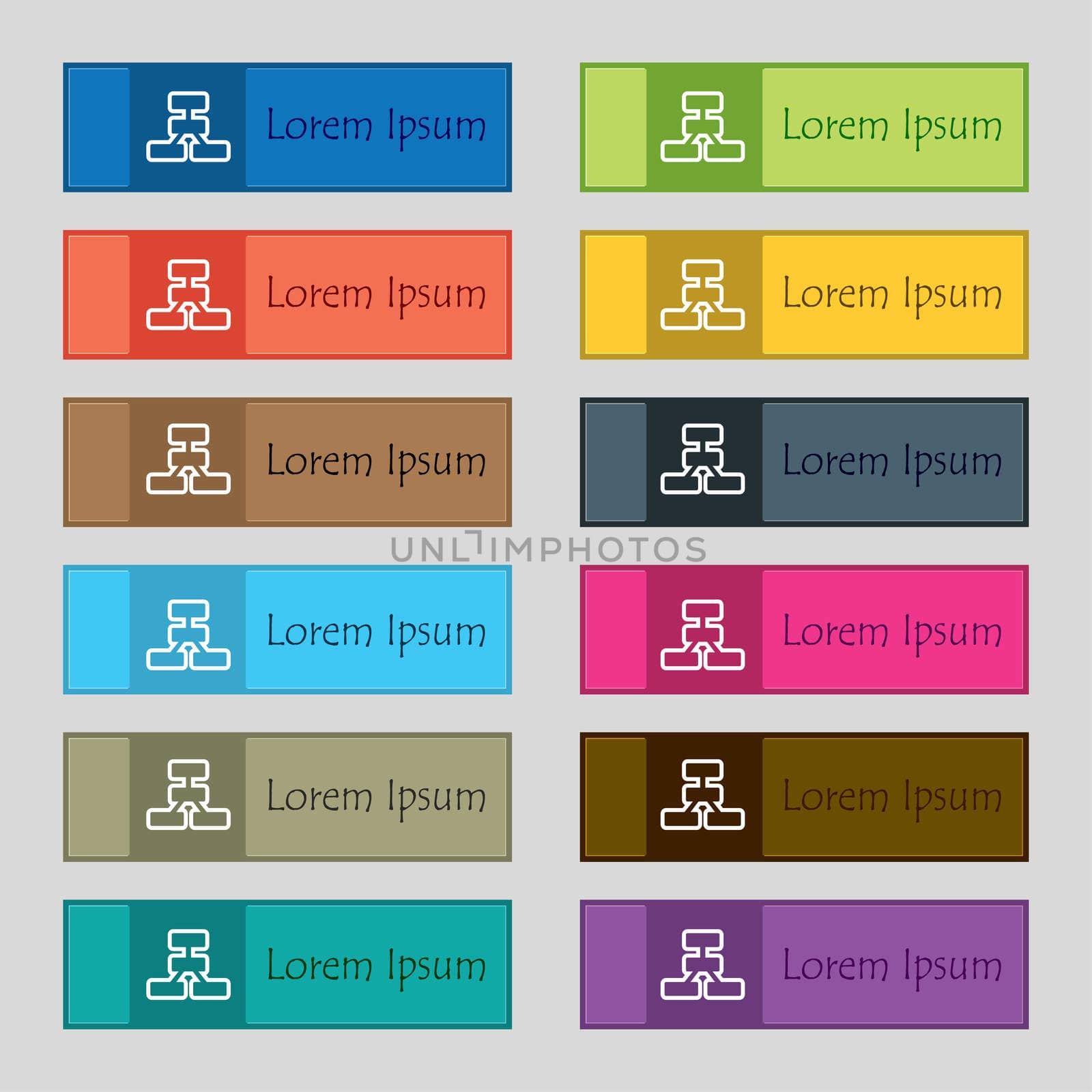 Network icon sign. Set of twelve rectangular, colorful, beautiful, high-quality buttons for the site. illustration