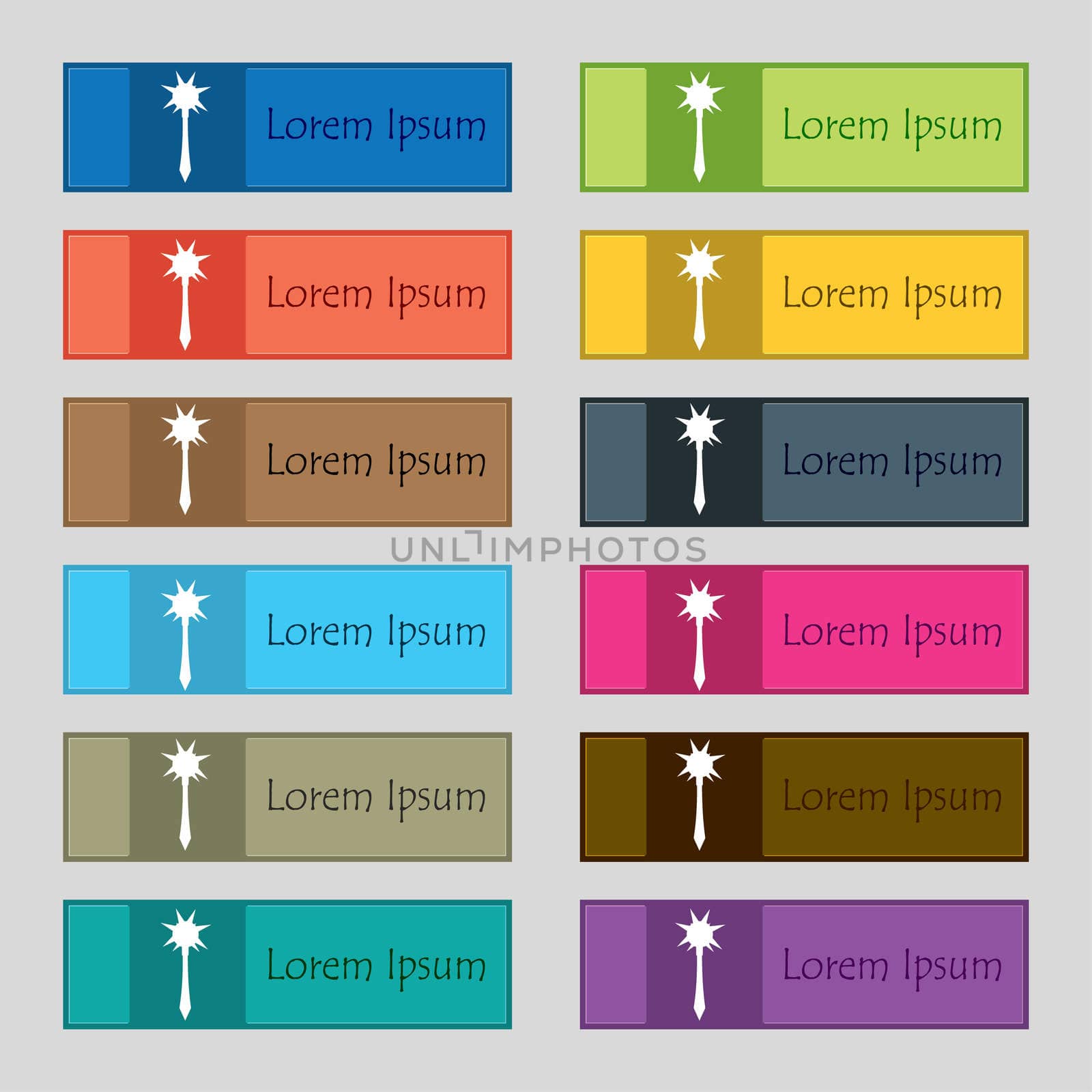 Mace icon sign. Set of twelve rectangular, colorful, beautiful, high-quality buttons for the site. illustration