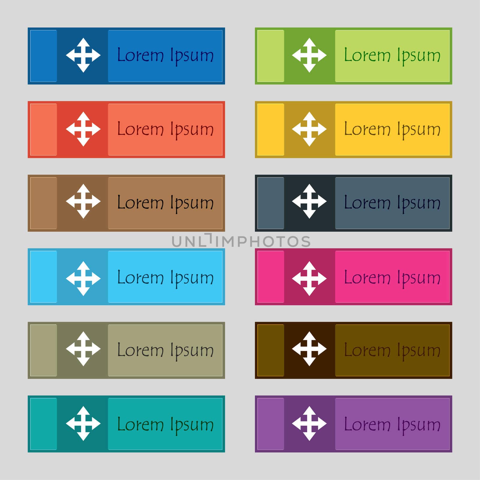 Deploying video, screen size icon sign. Set of twelve rectangular, colorful, beautiful, high-quality buttons for the site. illustration
