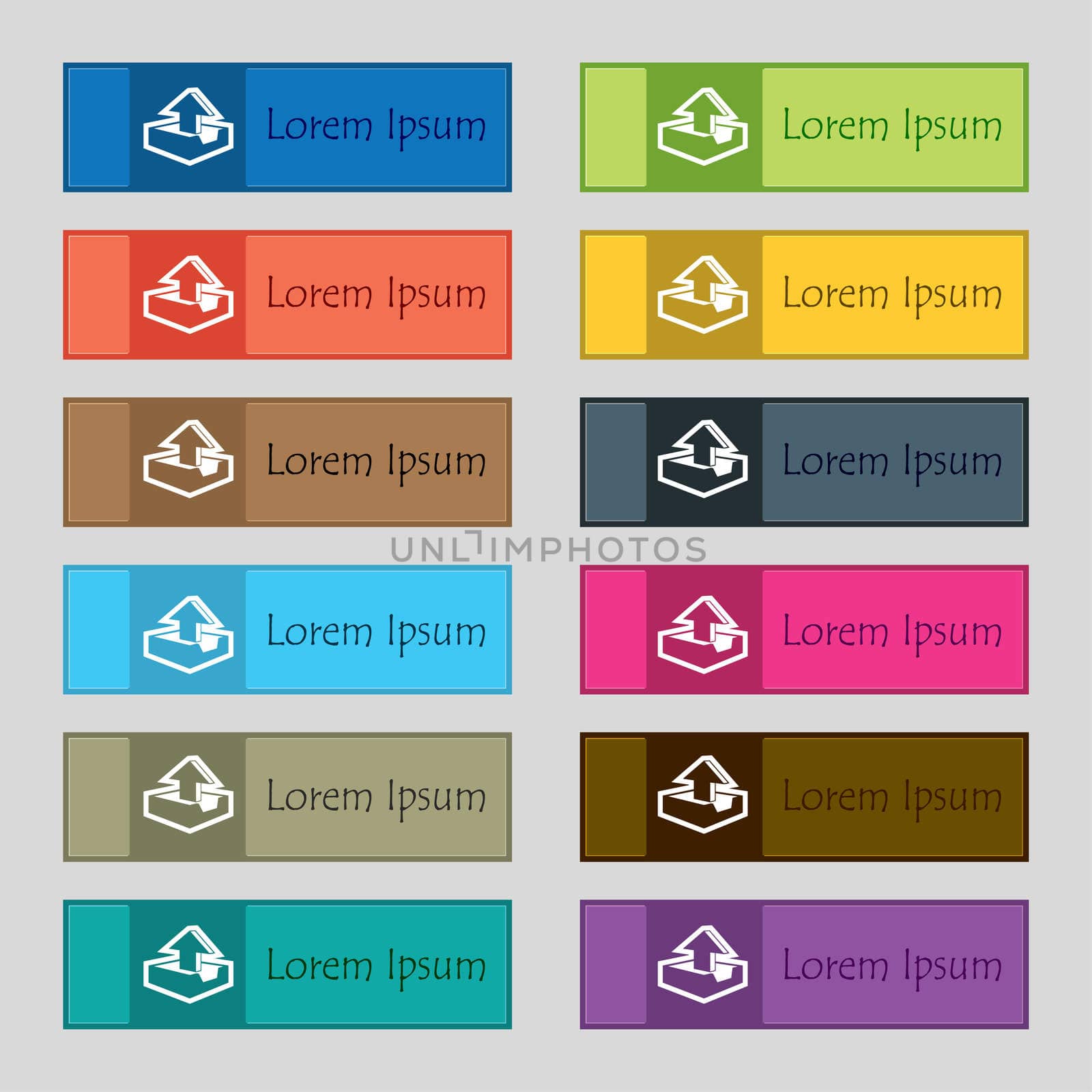 Upload icon sign. Set of twelve rectangular, colorful, beautiful, high-quality buttons for the site. illustration
