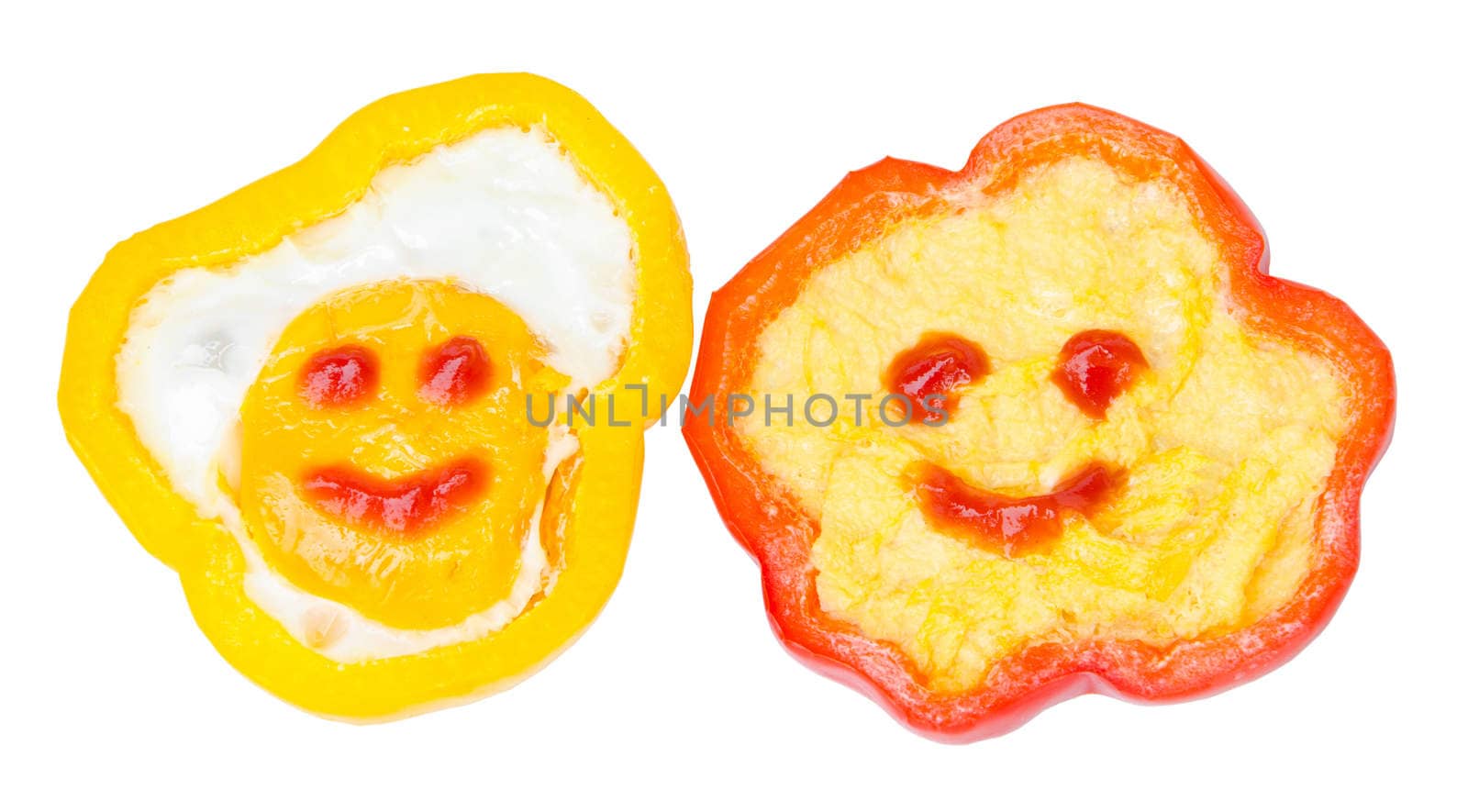 Fried egg in bell sweet peppers isolated on white background, clipping path