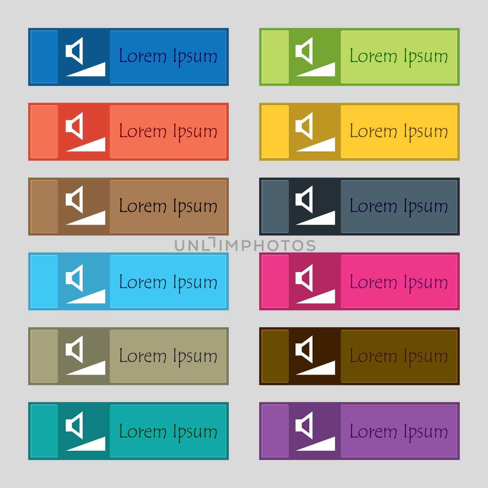 volume, sound icon sign. Set of twelve rectangular, colorful, beautiful, high-quality buttons for the site.  by serhii_lohvyniuk