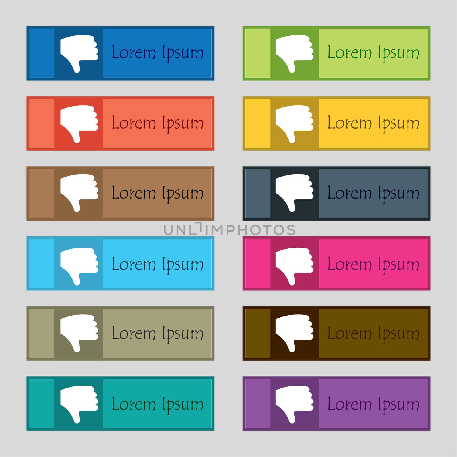 Dislike, Thumb down, Hand finger down icon sign. Set of twelve rectangular, colorful, beautiful, high-quality buttons for the site. illustration