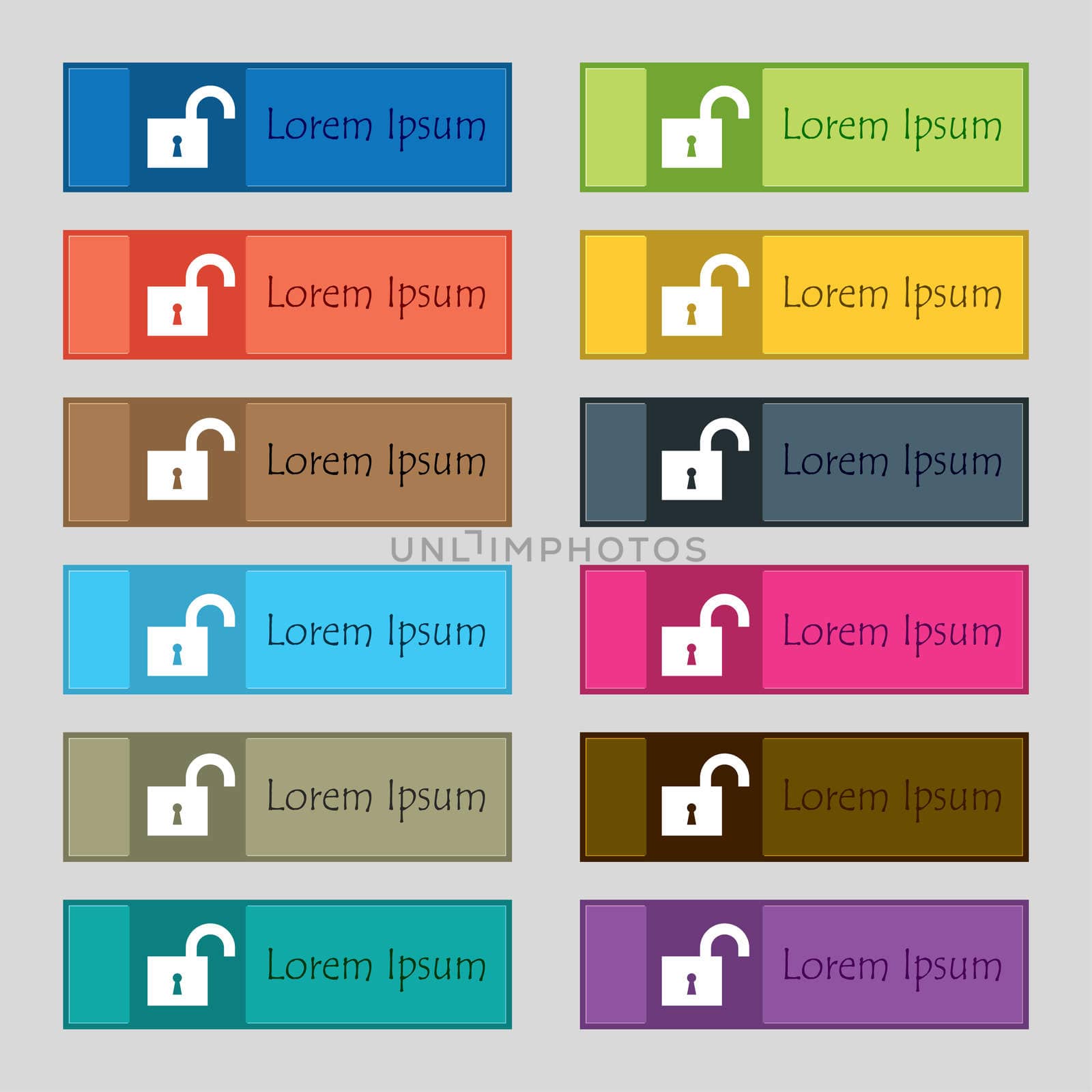 open lock icon sign. Set of twelve rectangular, colorful, beautiful, high-quality buttons for the site. illustration