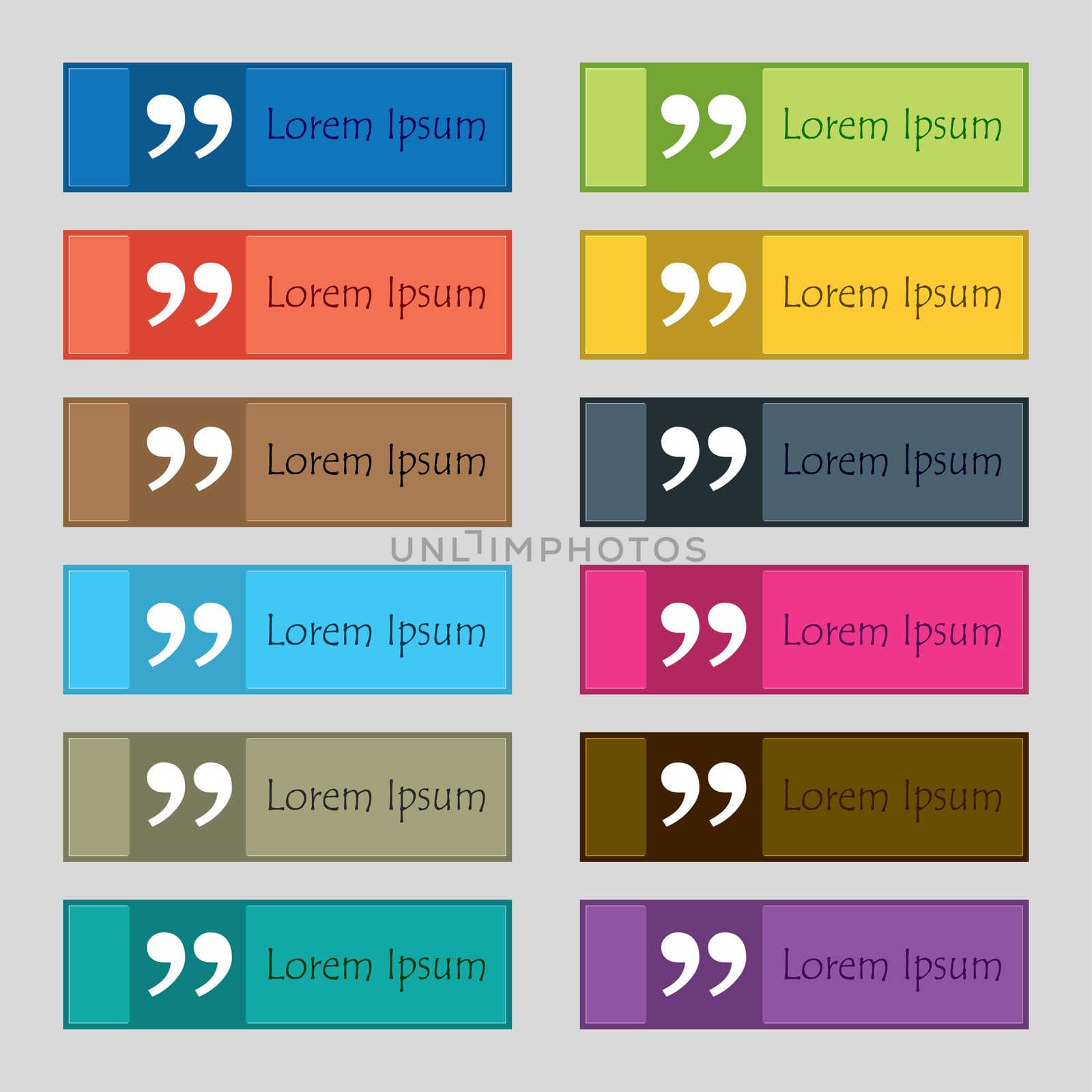 Double quotes at the end of words icon sign. Set of twelve rectangular, colorful, beautiful, high-quality buttons for the site. illustration