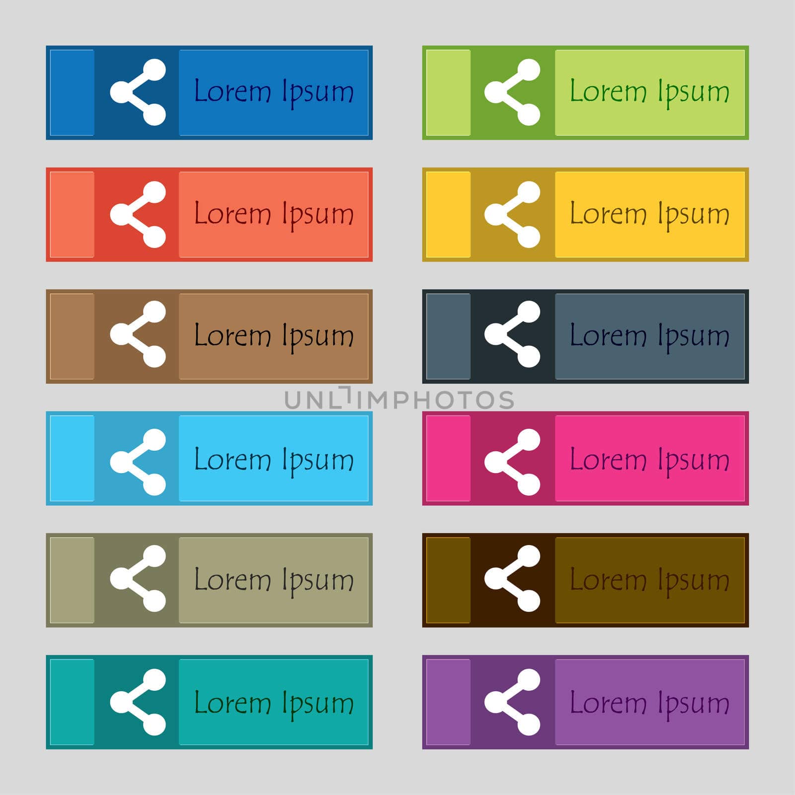 Share icon sign. Set of twelve rectangular, colorful, beautiful, high-quality buttons for the site. illustration