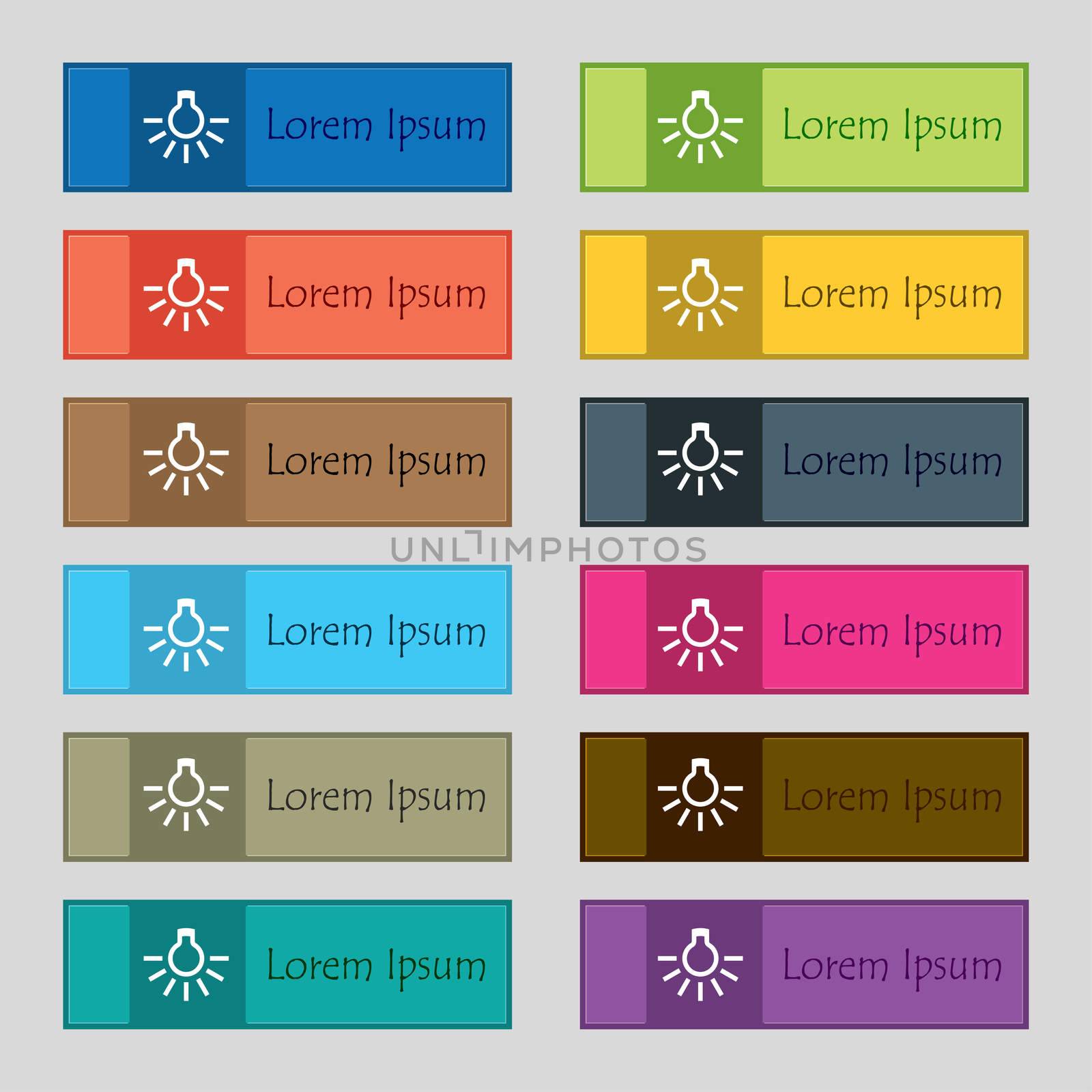 light bulb icon sign. Set of twelve rectangular, colorful, beautiful, high-quality buttons for the site.  by serhii_lohvyniuk