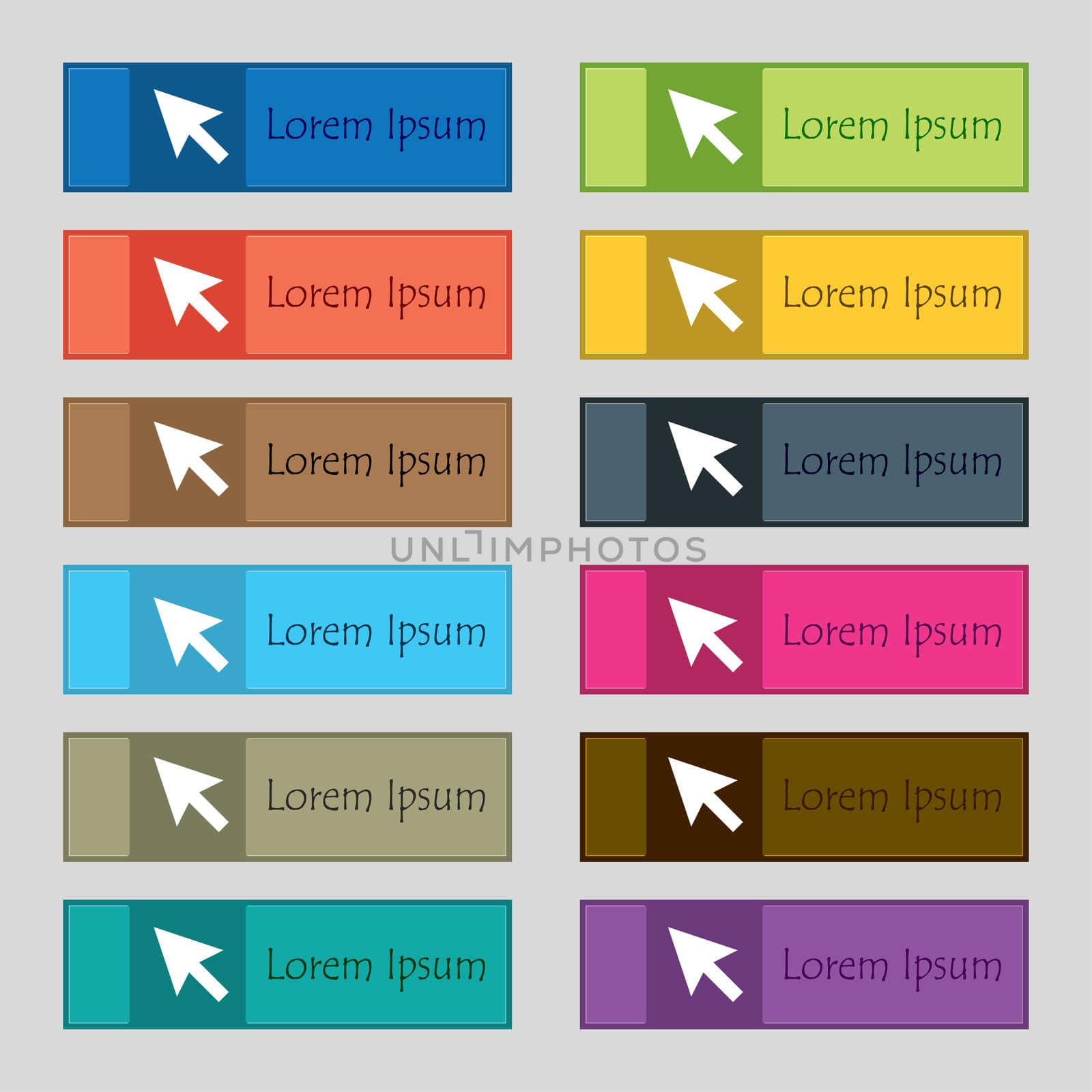 arrow cursor, computer mouse icon sign. Set of twelve rectangular, colorful, beautiful, high-quality buttons for the site.  by serhii_lohvyniuk