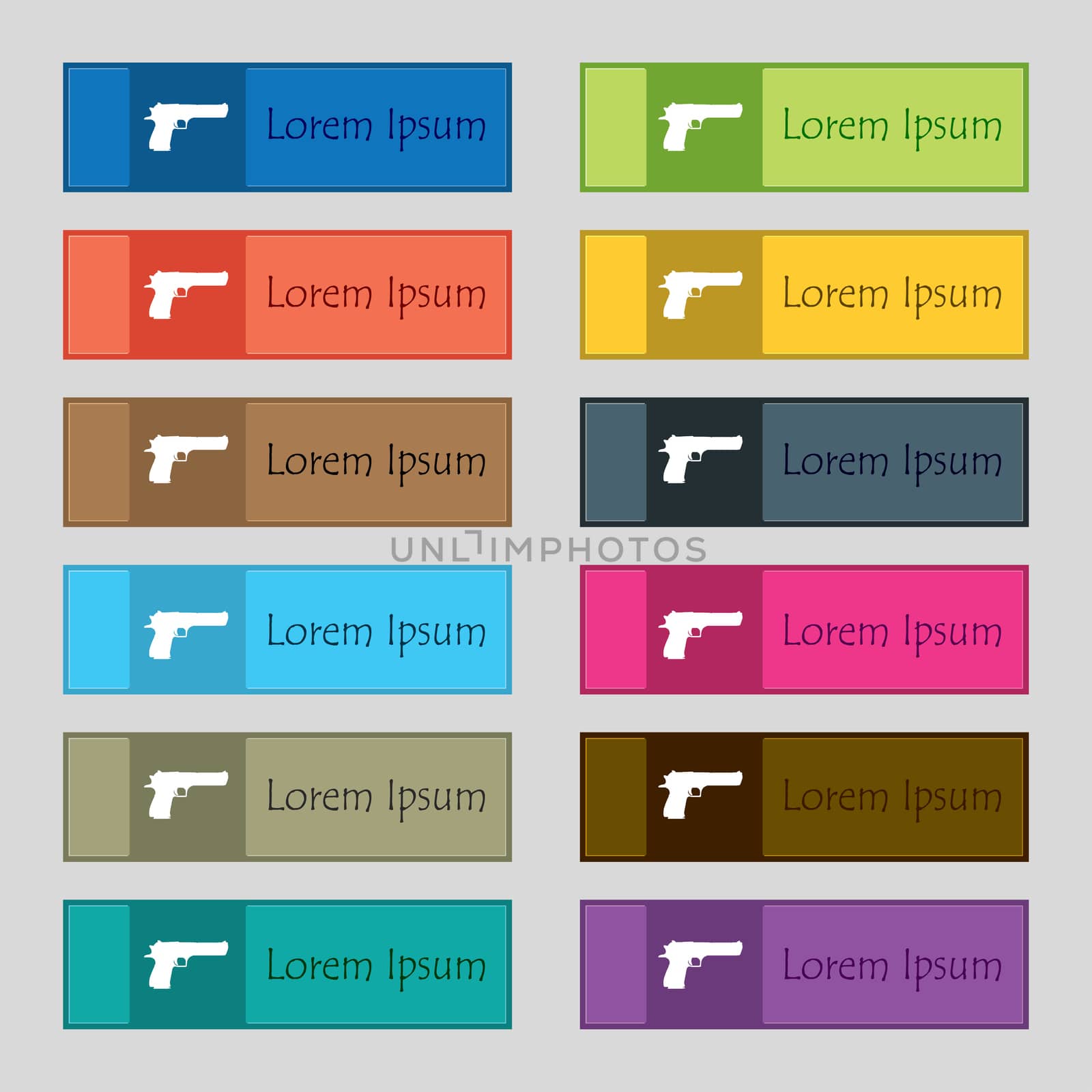 gun icon sign. Set of twelve rectangular, colorful, beautiful, high-quality buttons for the site.  by serhii_lohvyniuk