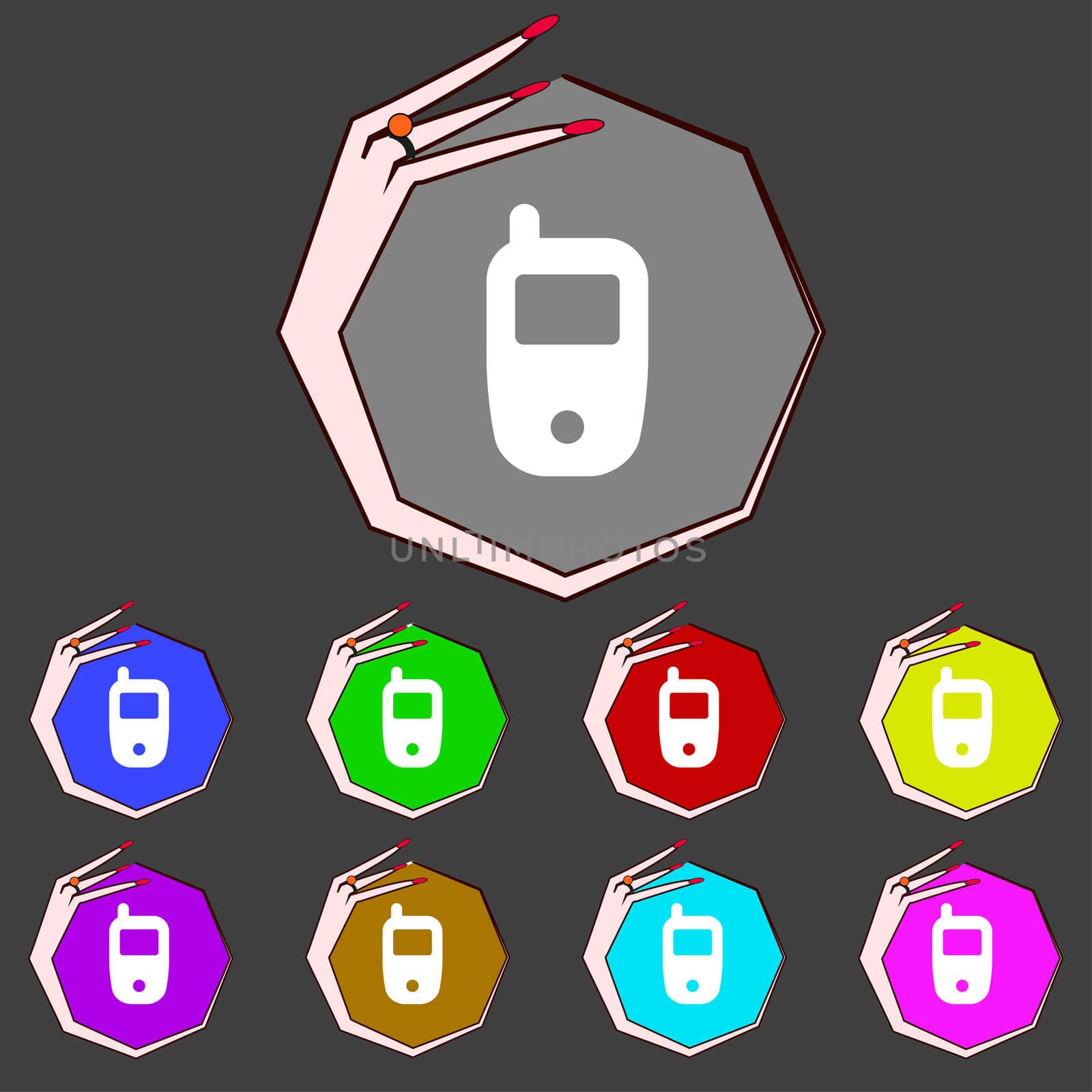 Mobile telecommunications technology symbol. Set colour buttons. illustration