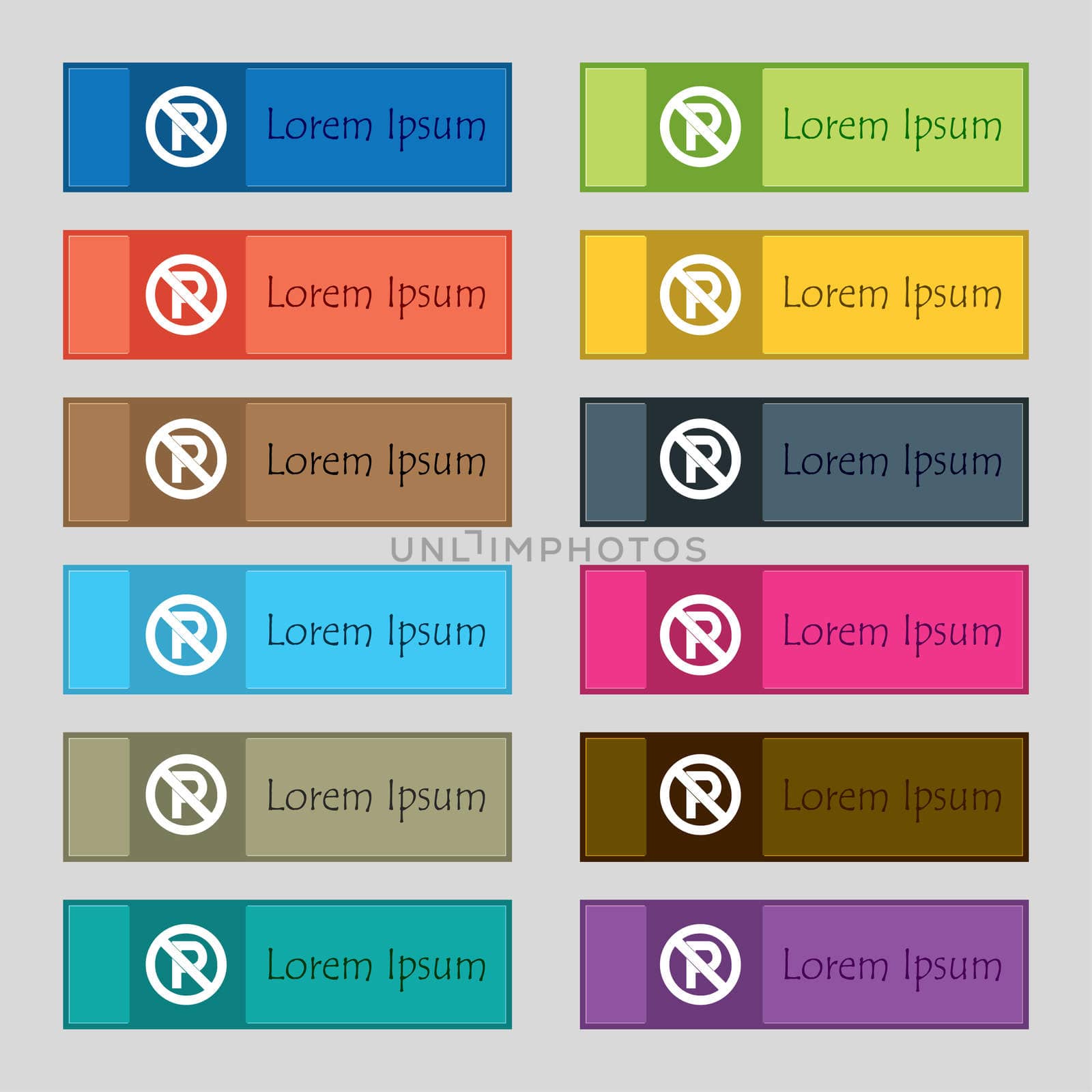 No parking icon sign. Set of twelve rectangular, colorful, beautiful, high-quality buttons for the site.  by serhii_lohvyniuk