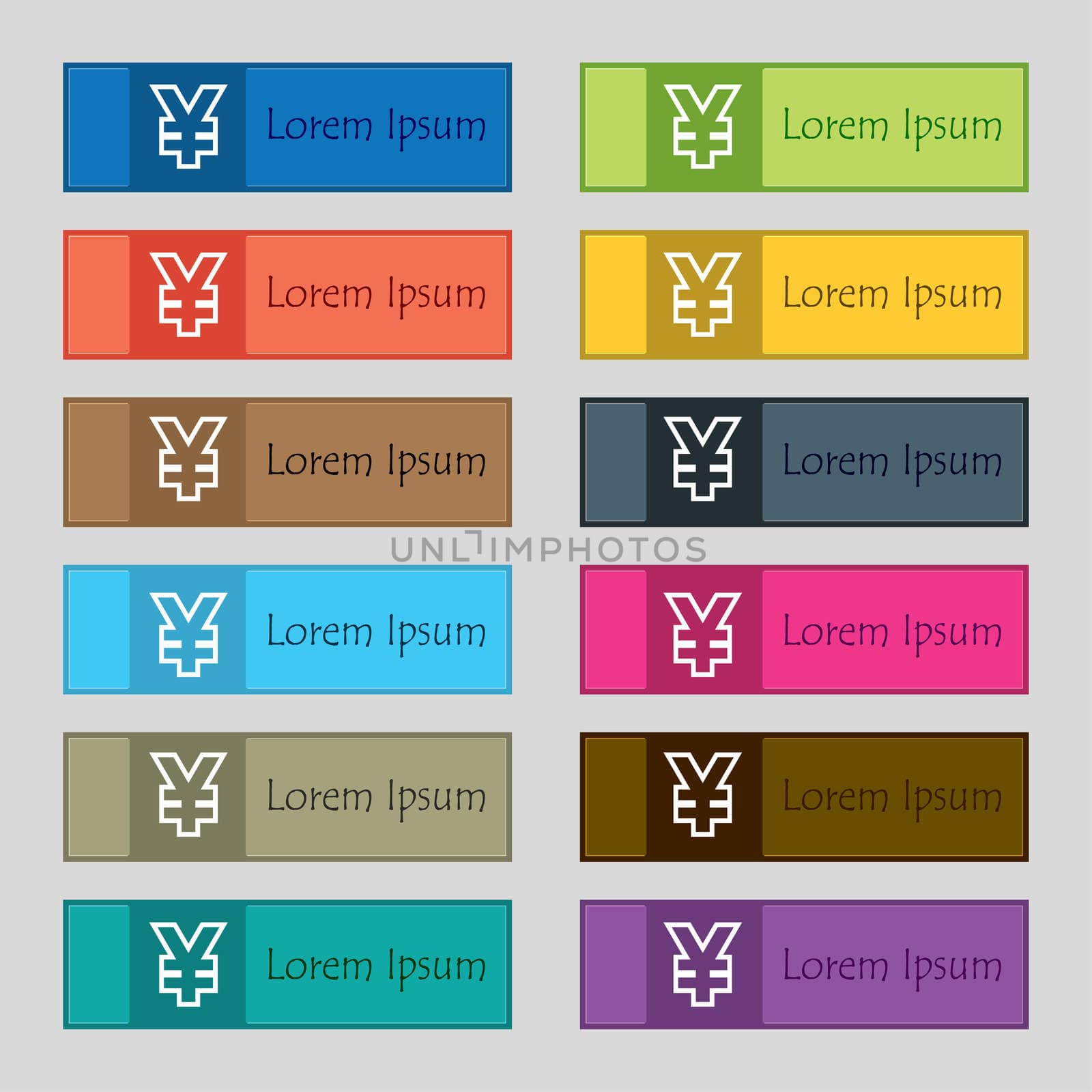 Yen JPY icon sign. Set of twelve rectangular, colorful, beautiful, high-quality buttons for the site. illustration