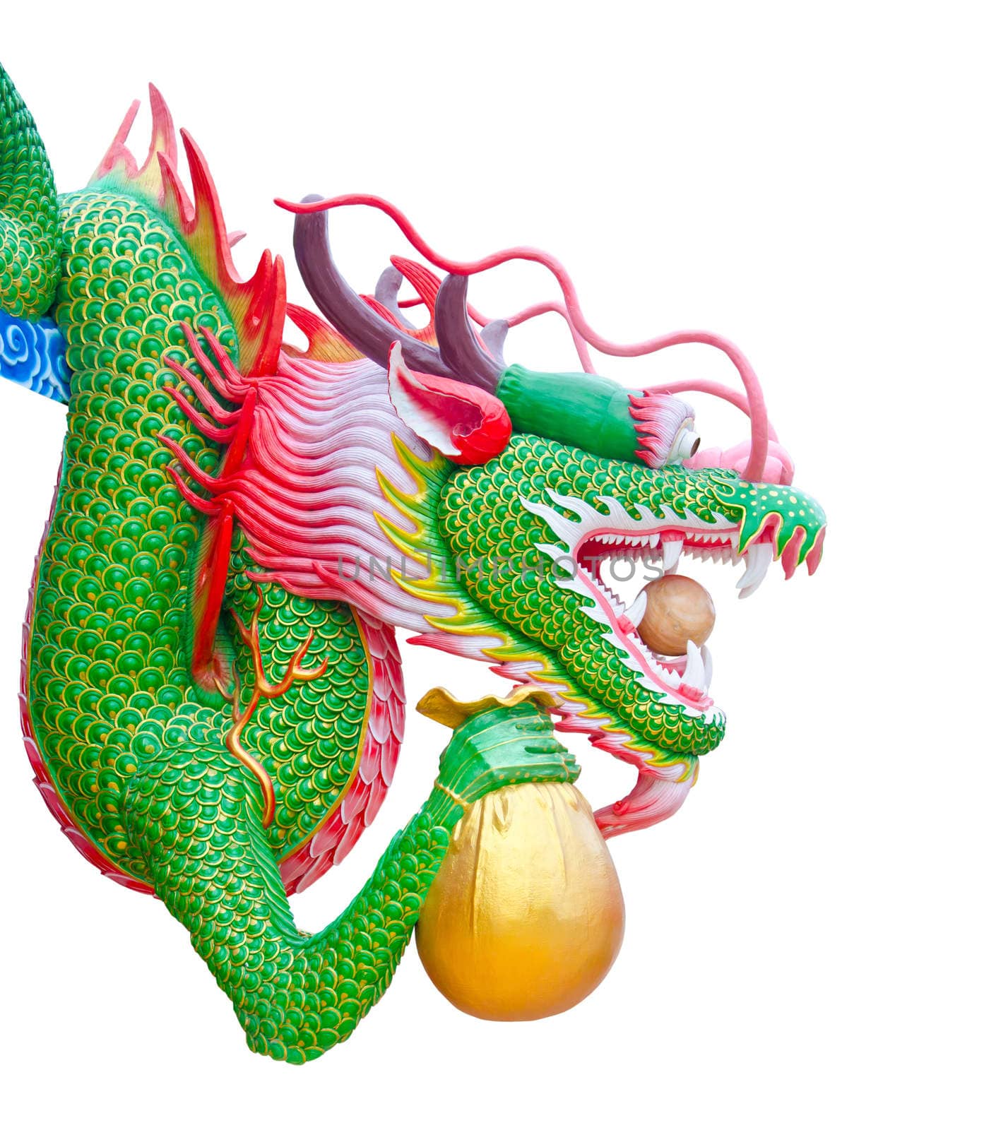 Colorful chinese dragon hold gold bag isolated on white background, clipping path