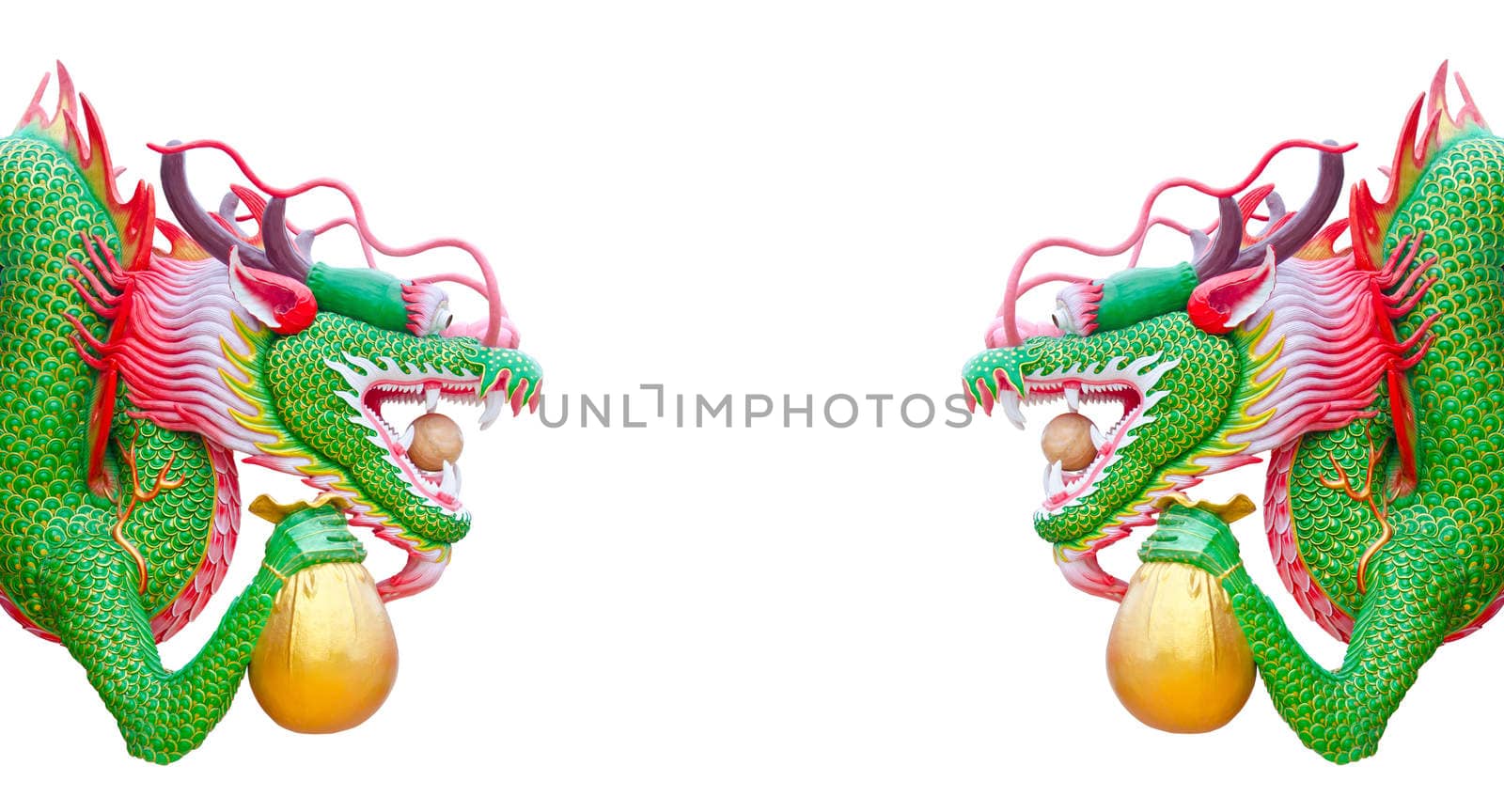 Double chinese dragon hold gold bag isolated on white background, clipping path