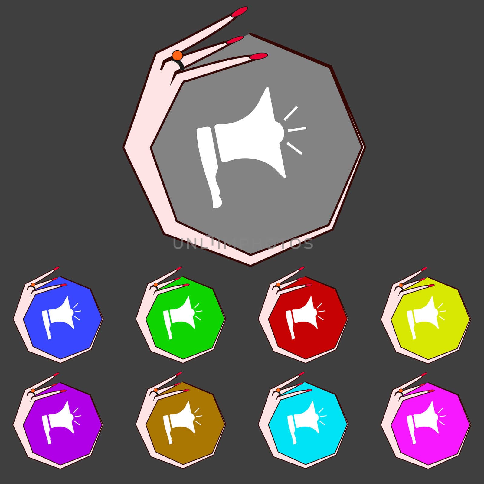 Megaphone soon icon. Loudspeaker symbol. Set colur buttons.  by serhii_lohvyniuk